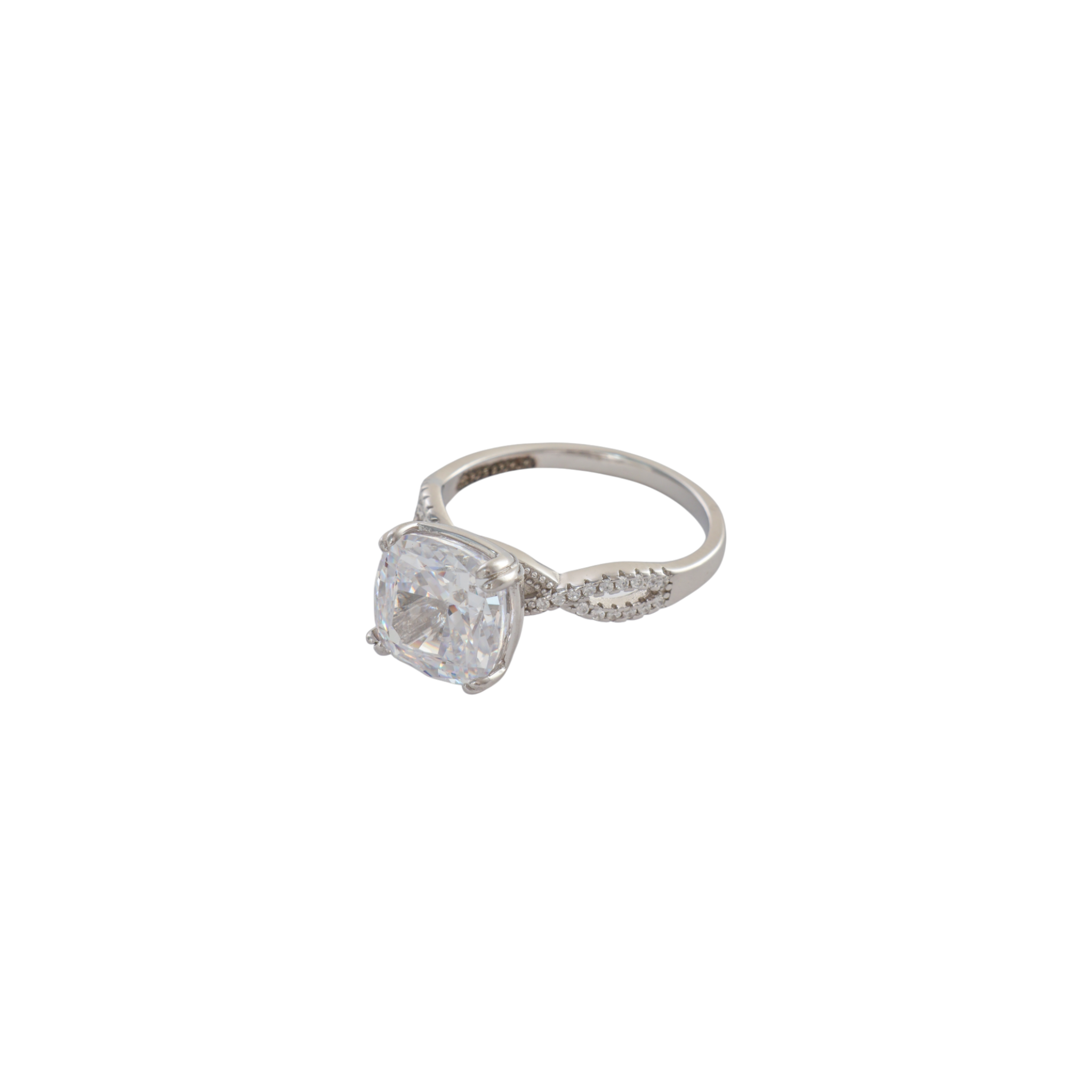 Sparkling clear cushion cut gem set on a pave infinity twist sterling silver band.