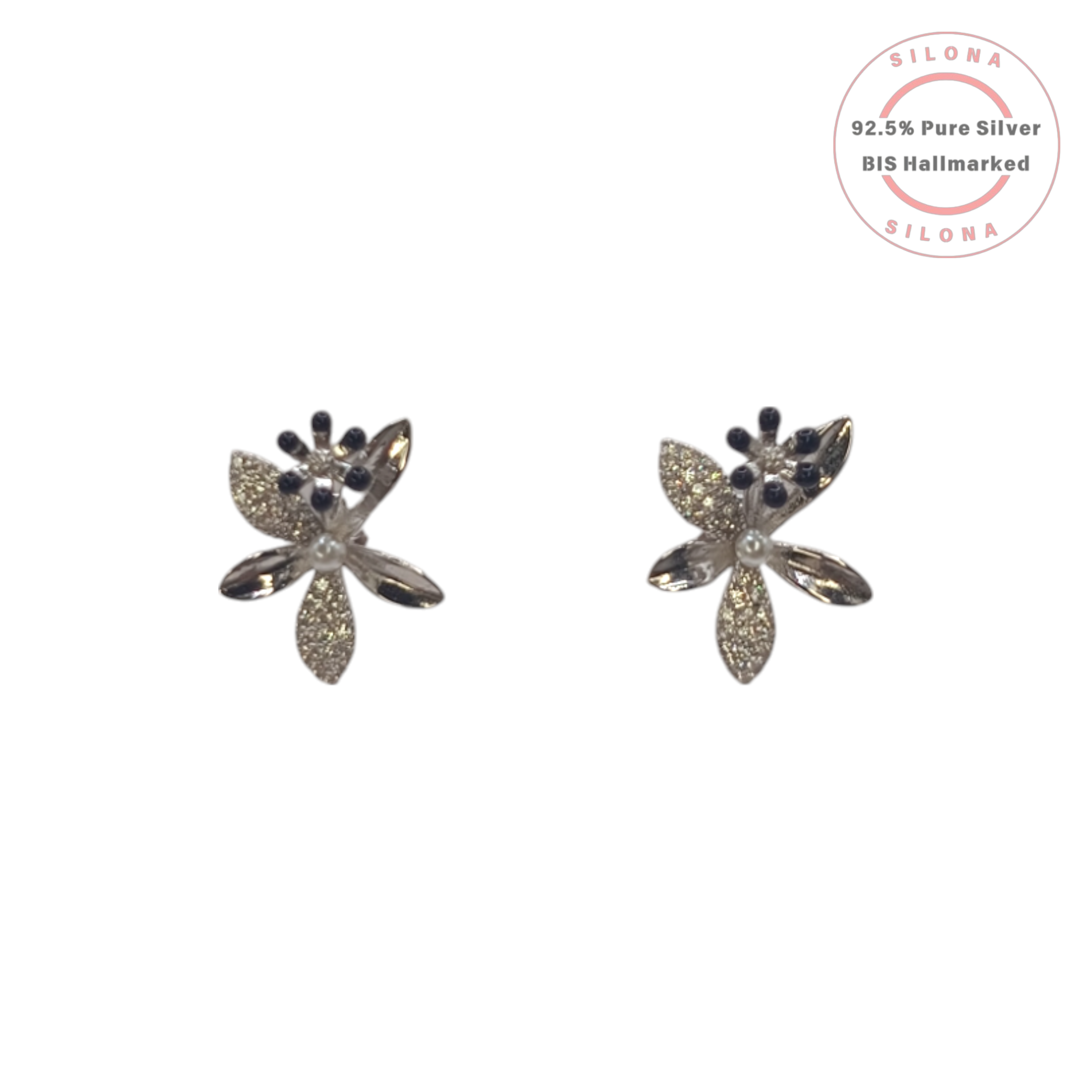 A pair of Silona's Sparkling Floral Pearl Stud Earrings in 92.5 silver, with pavé CZ petals, black bead accents, and a central pearl, shown on a white background.