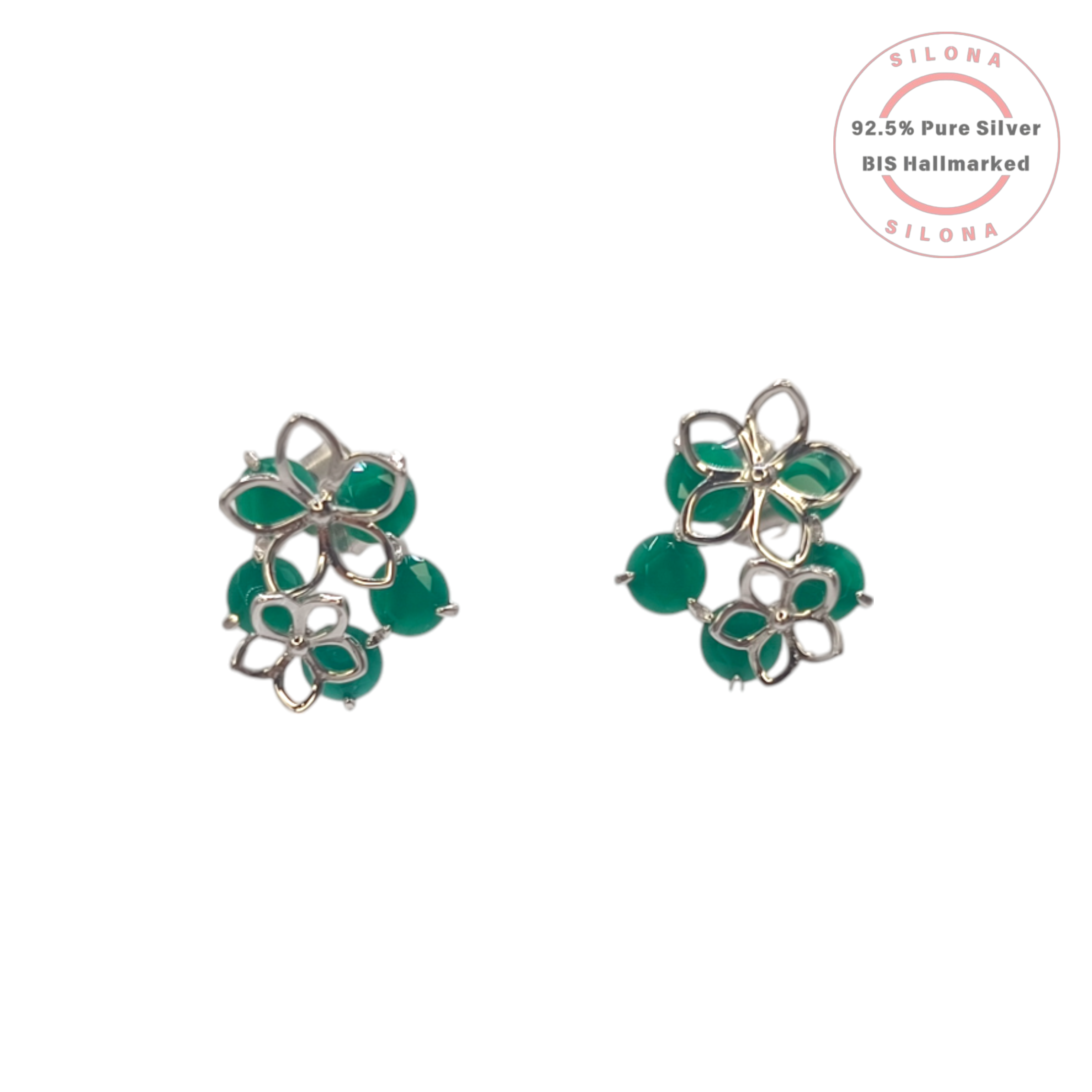 A pair of Silona Floral Cluster Green Onyx Earrings in 92.5 silver, displayed on a white background.