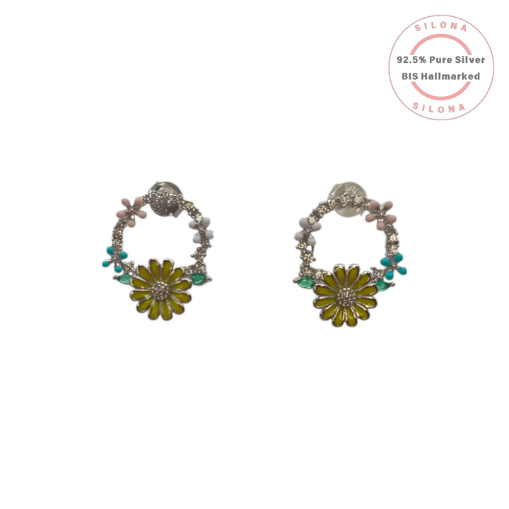 Pair of Silona Daisy Wreath Earrings in sterling silver with yellow, pink, and turquoise enamel flowers and green stones on a white background.