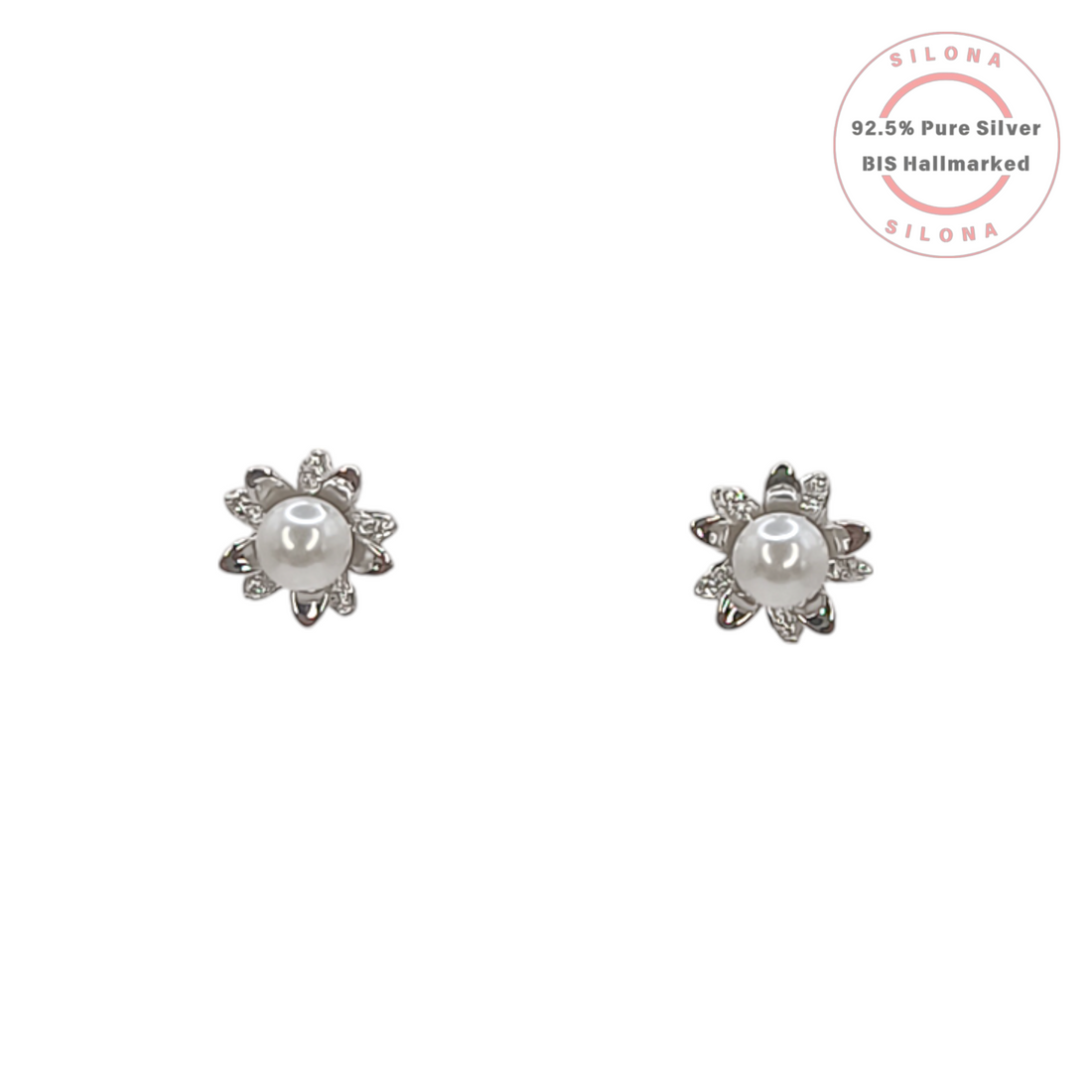 A pair of Silona Floral Pearl Blossom Stud Earrings in 92.5 silver with a central pearl and CZ-studded petals, on a white background.