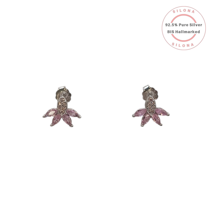 A pair of Silona Lavender Lotus Stud Earrings in 92.5 silver, featuring marquise-cut pink lavender cubic zirconia petals on a white background.