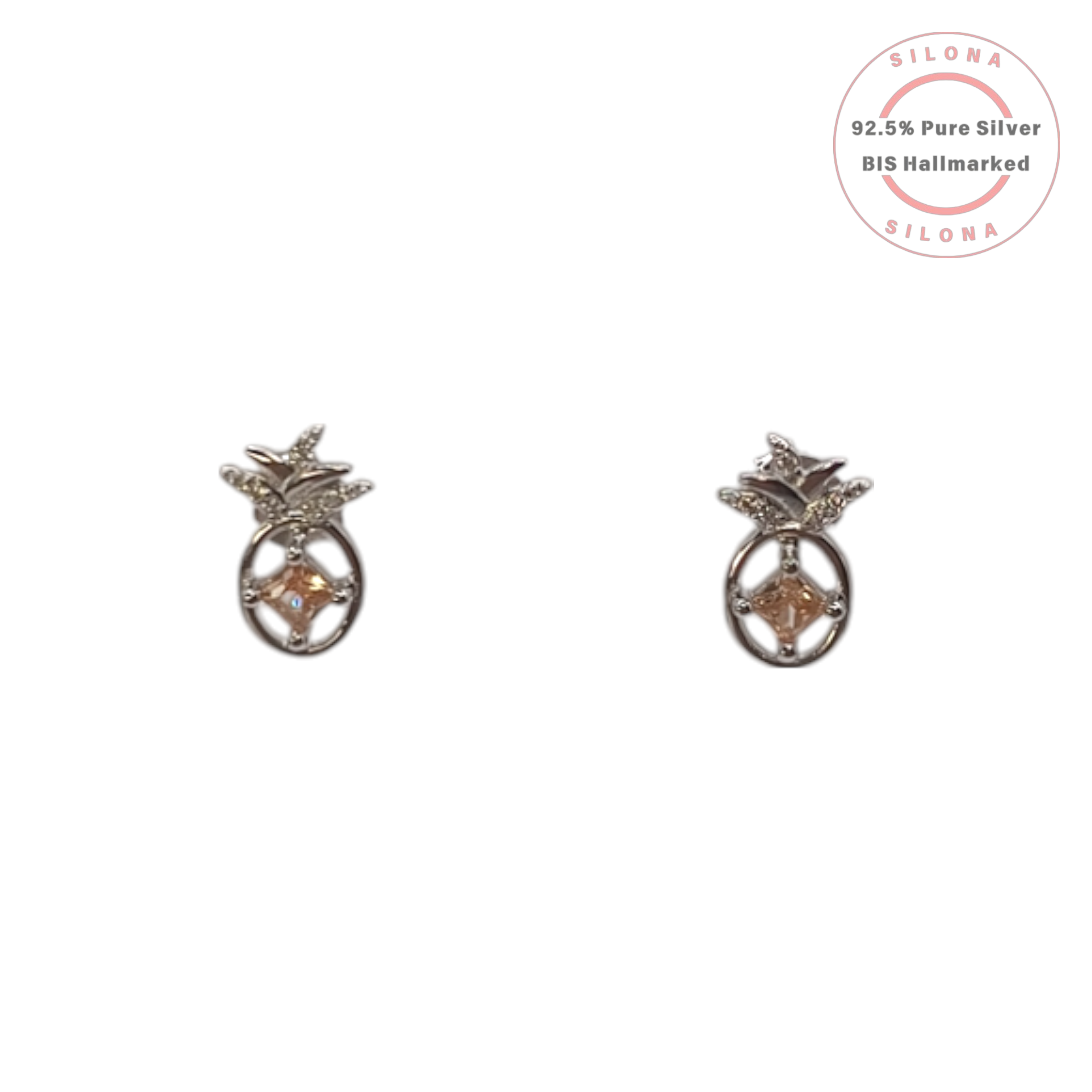 A pair of Silona pineapple stud earrings in 92.5 silver, featuring a central champagne-colored cubic zirconia and clear pavé stones on the leaves, shown on a white background.