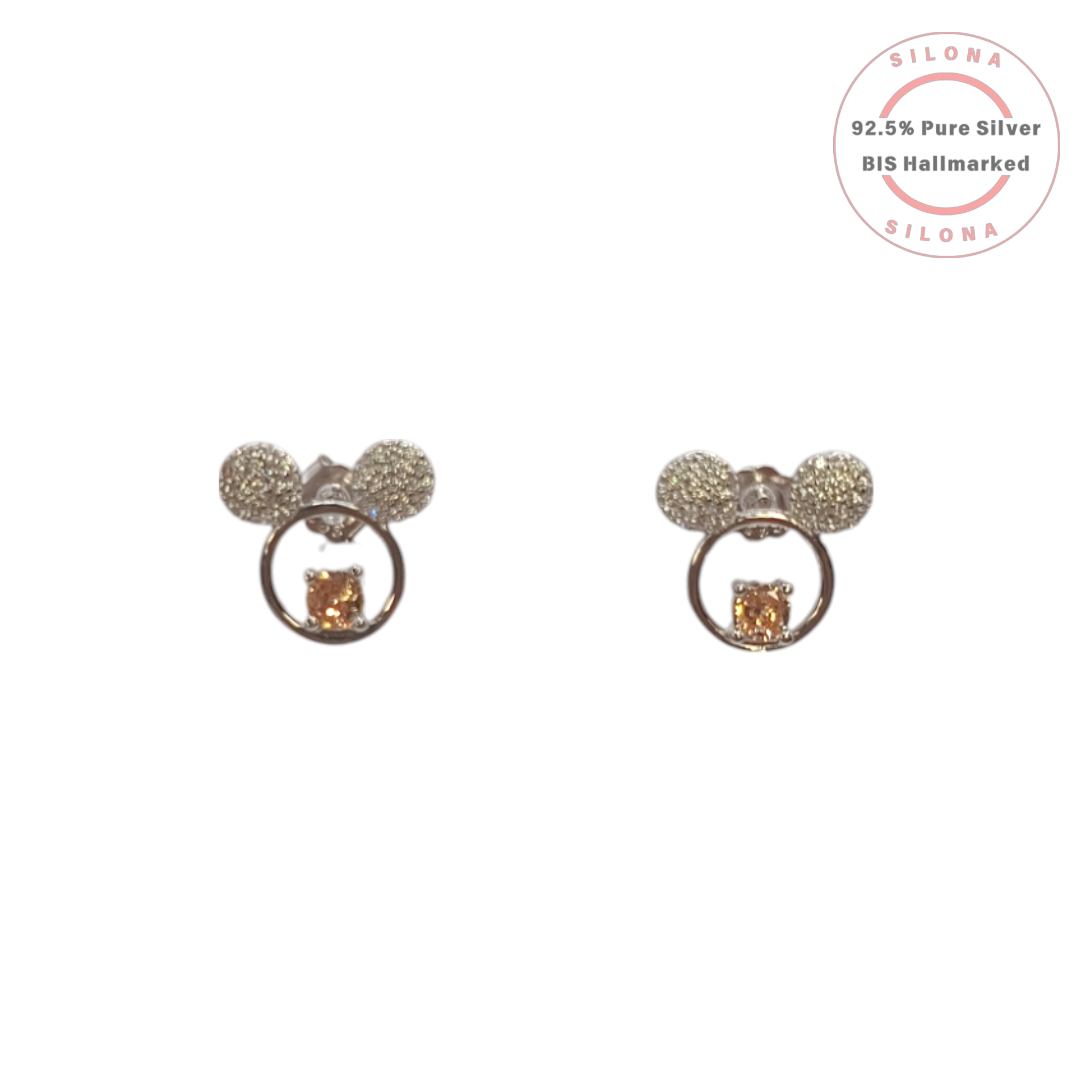 A pair of Silona's pavé mouse motif stud earrings, crafted in 92.5 silver with a central champagne-hued solitaire stone, shown on a white background.
