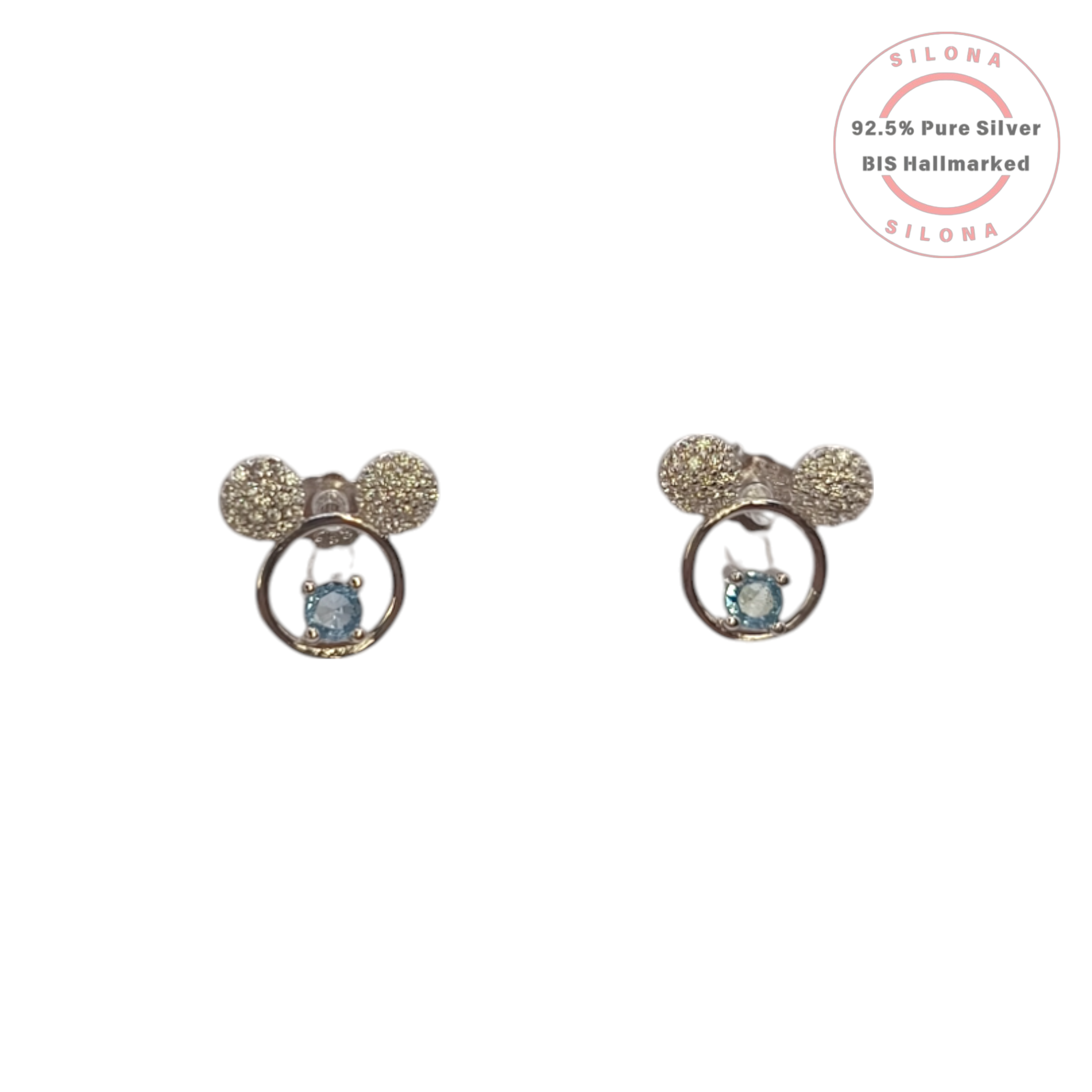 Silona's Playful Bear Motif Stud Earrings in 92.5 silver, featuring a pavé-set top and a dangling light blue stone in a circular frame, on a white background.