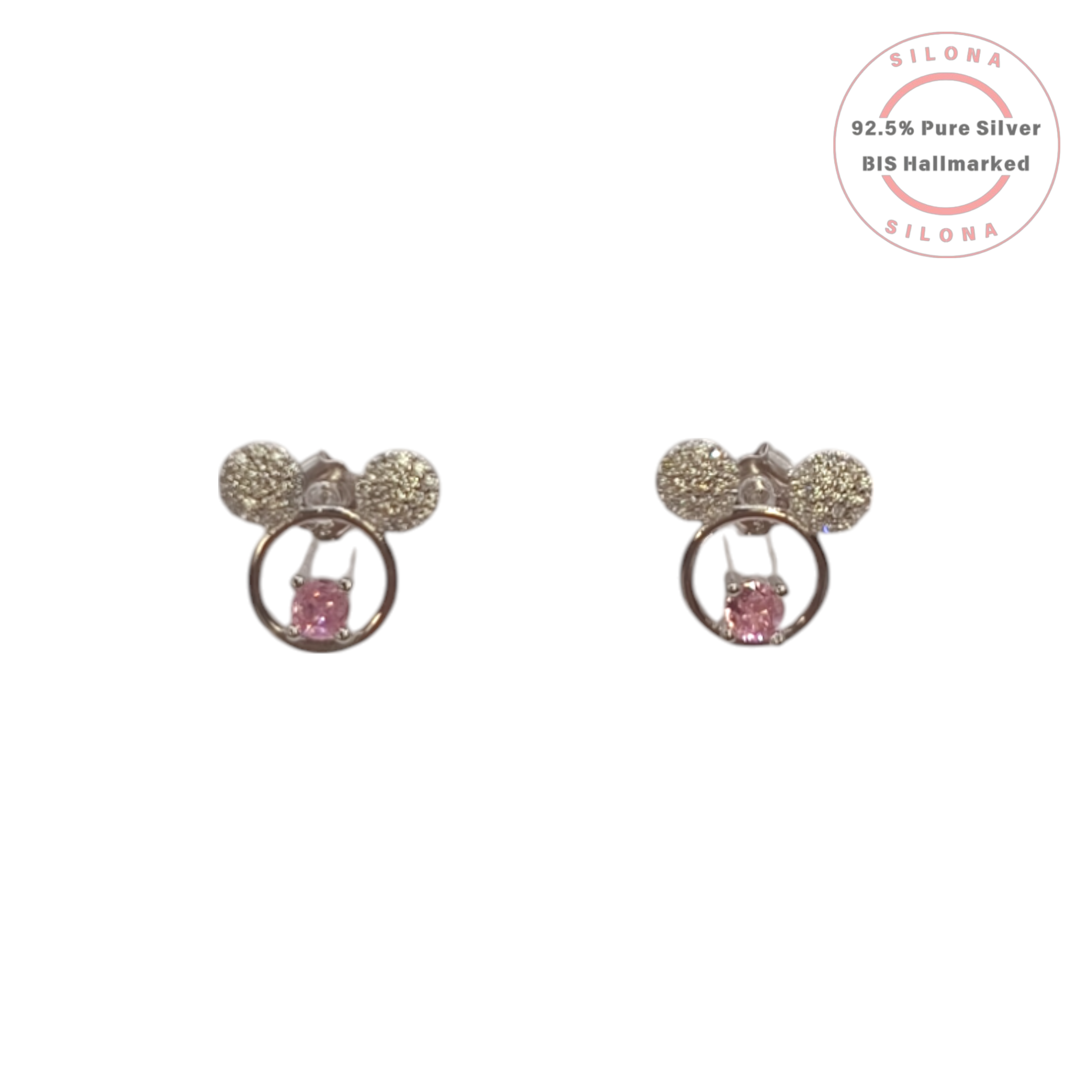 Pair of Silona Pavé Trio Stud Earrings in 92.5 silver, featuring a cluster of cubic zirconia and a hanging pink stone.