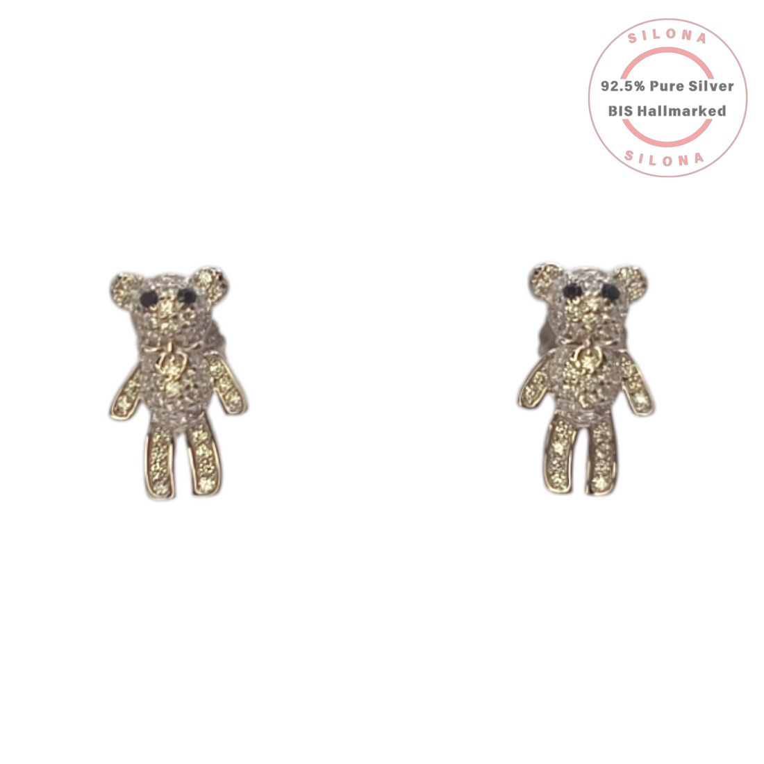 A pair of pavé cubic zirconia teddy bear stud earrings in 92.5 silver with a gold-tone bow accent, on a white background.