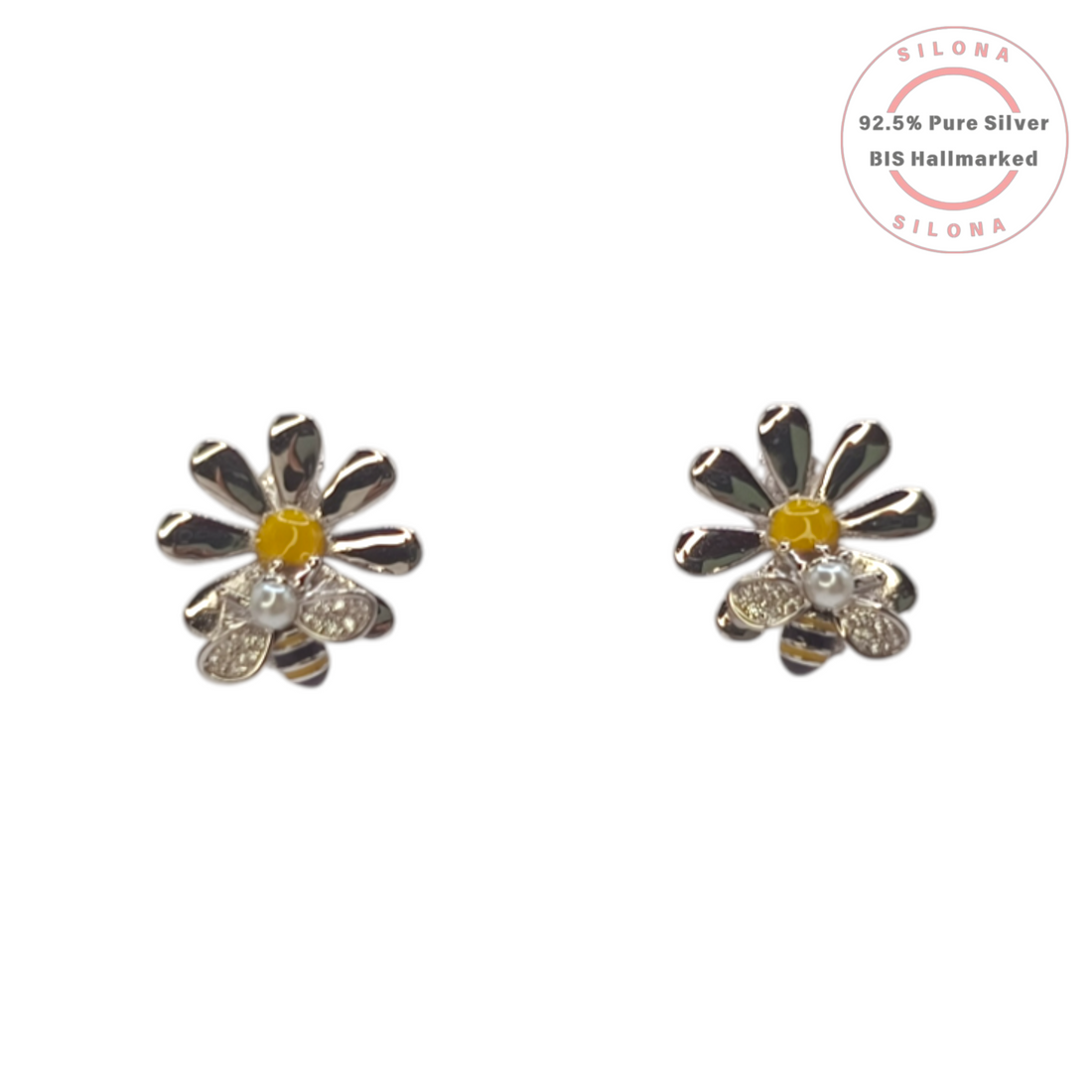 A pair of Silona Daisy & Bee Stud Earrings in 92.5 silver with yellow and black enamel detailing, a pearl, and cubic zirconia accents, on a white background.