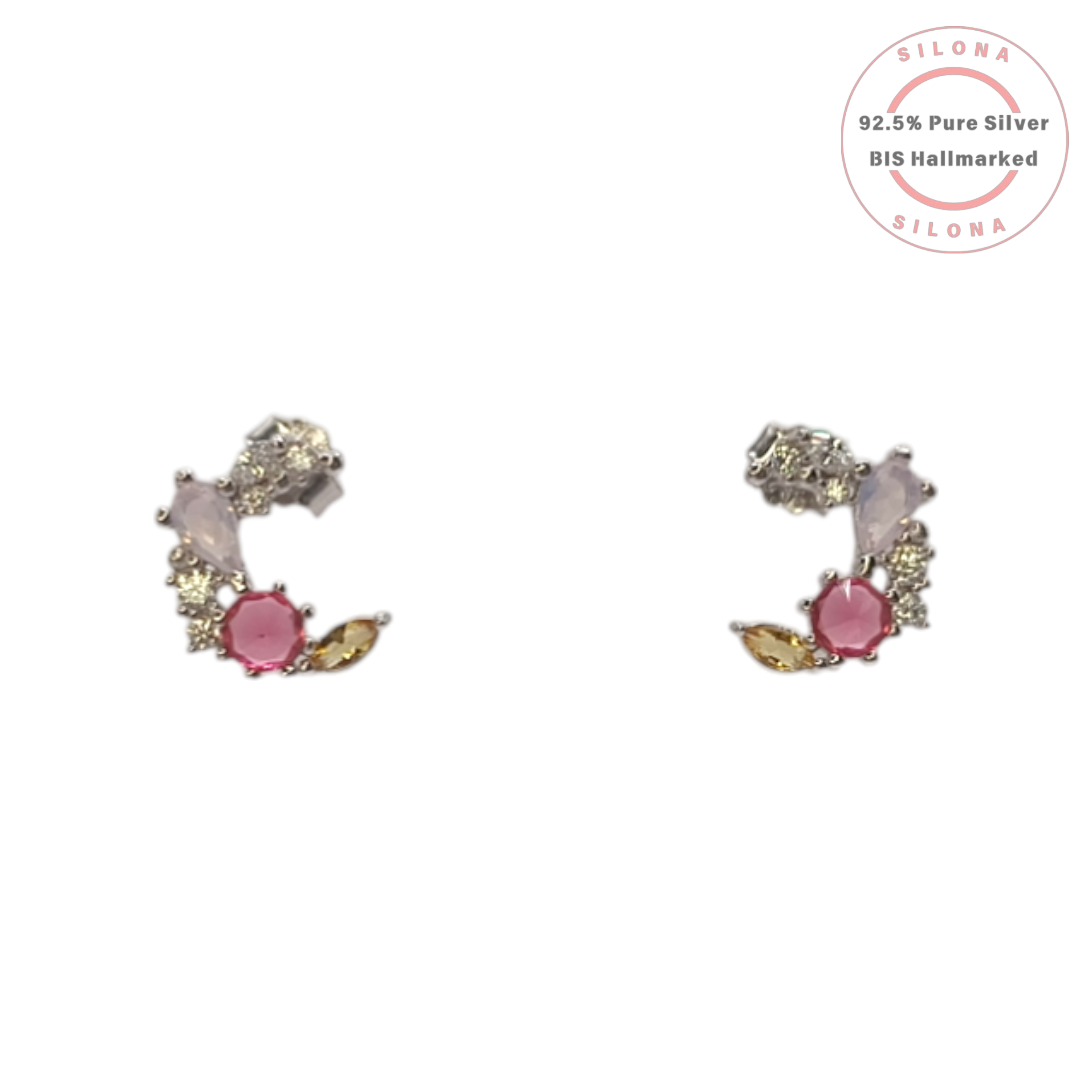 A pair of Silona's Confetti Crescent Stud Earrings in 92.5 silver, featuring a cluster of pink, yellow, rose, and clear cubic zirconia stones on a white background.