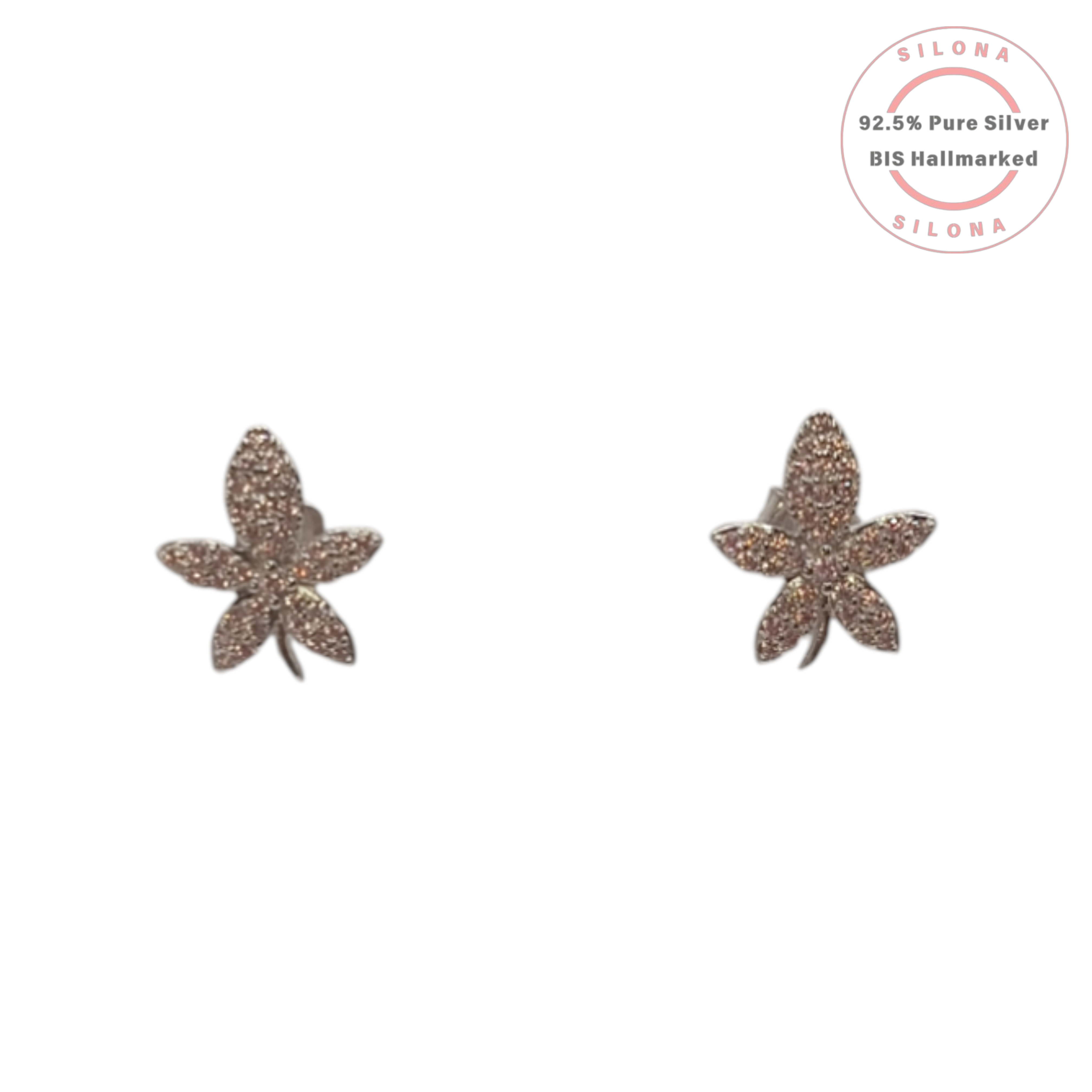 A pair of Silona's silver lily stud earrings, pavé-set with shimmering champagne cubic zirconia, shown on a white background.