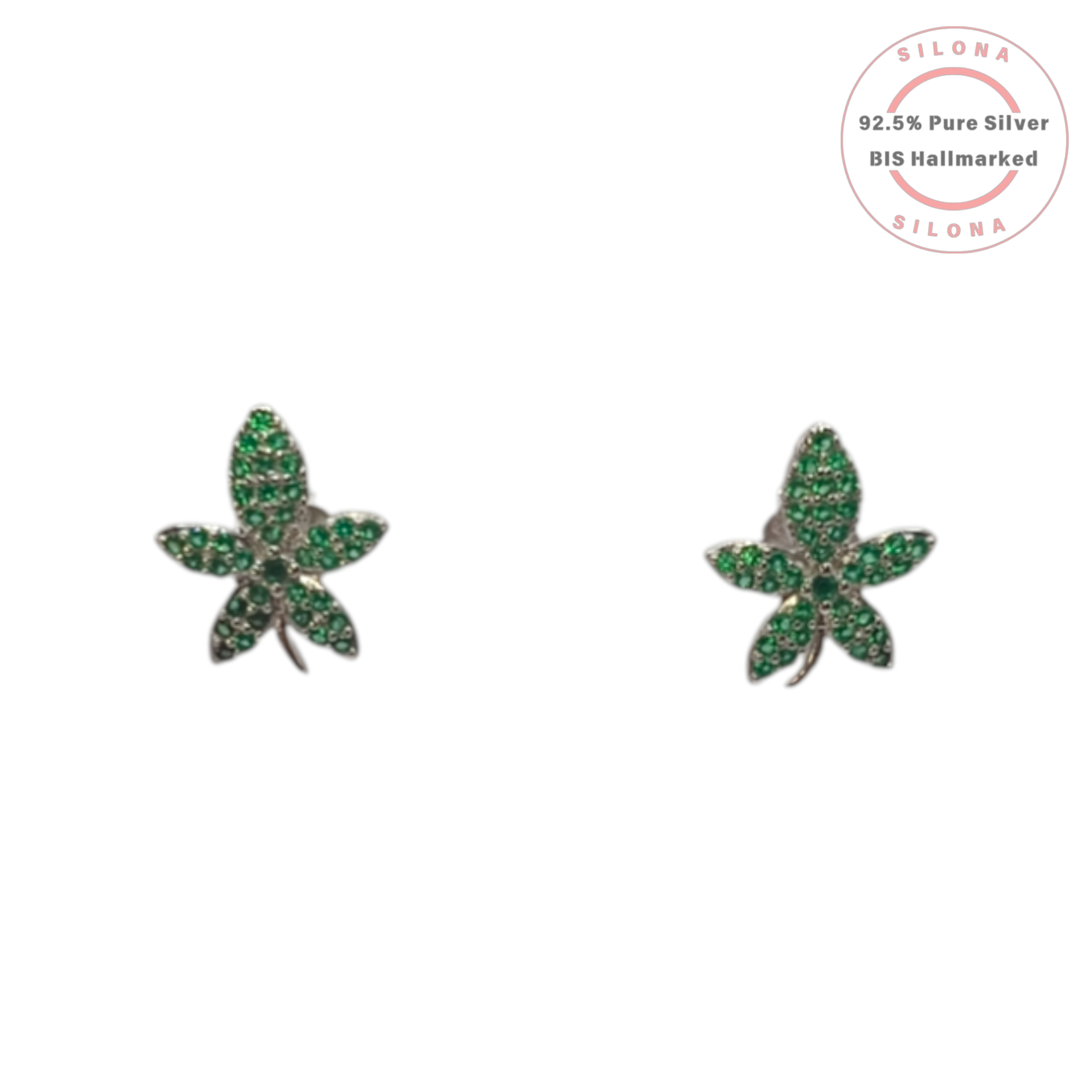 A pair of Silona's Emerald Hue Leaf Stud Earrings in 92.5 silver, pave-set with green cubic zirconia, on a white background.