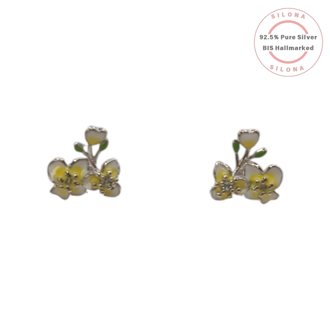 A pair of Silona Enamel Orchid Bloom Stud Earrings, crafted from 92.5 silver, featuring white and yellow floral clusters with green enamel leaf details on a white background.