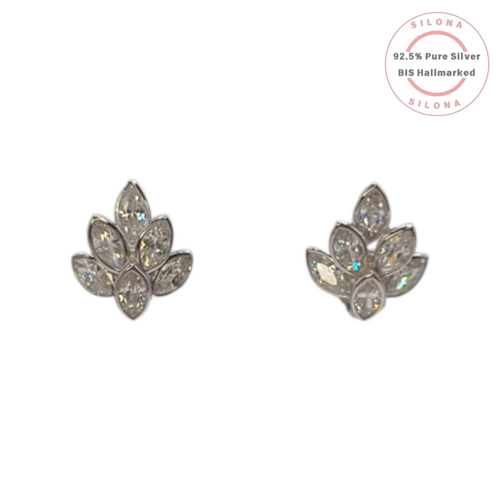 A pair of Silona silver stud earrings in a floral cluster design with marquise-cut cubic zirconia stones on a white background.