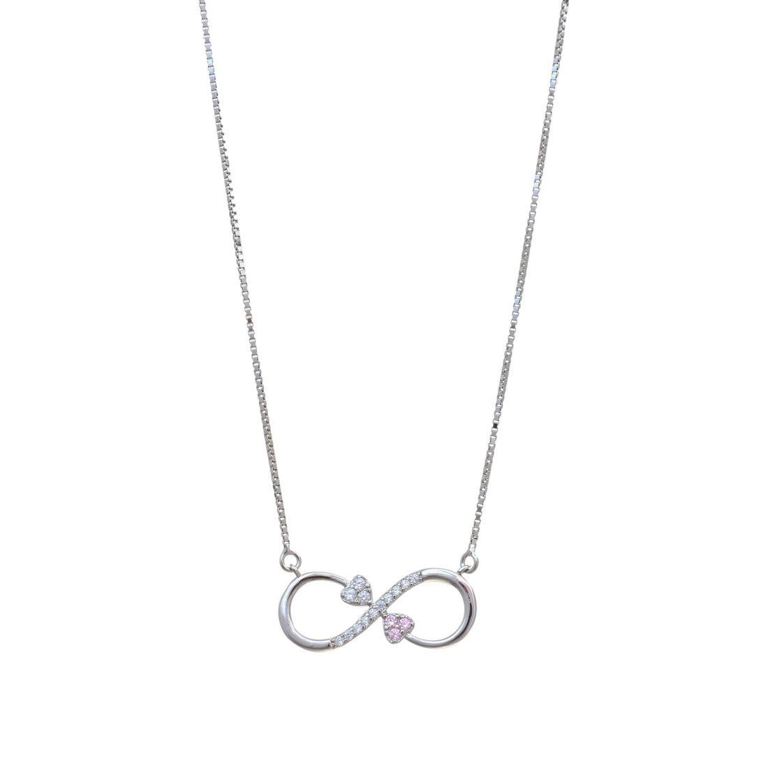 Silver box chain attached to a horizontal infinity symbol pendant set with clear crystals and pink heart cluster stones.