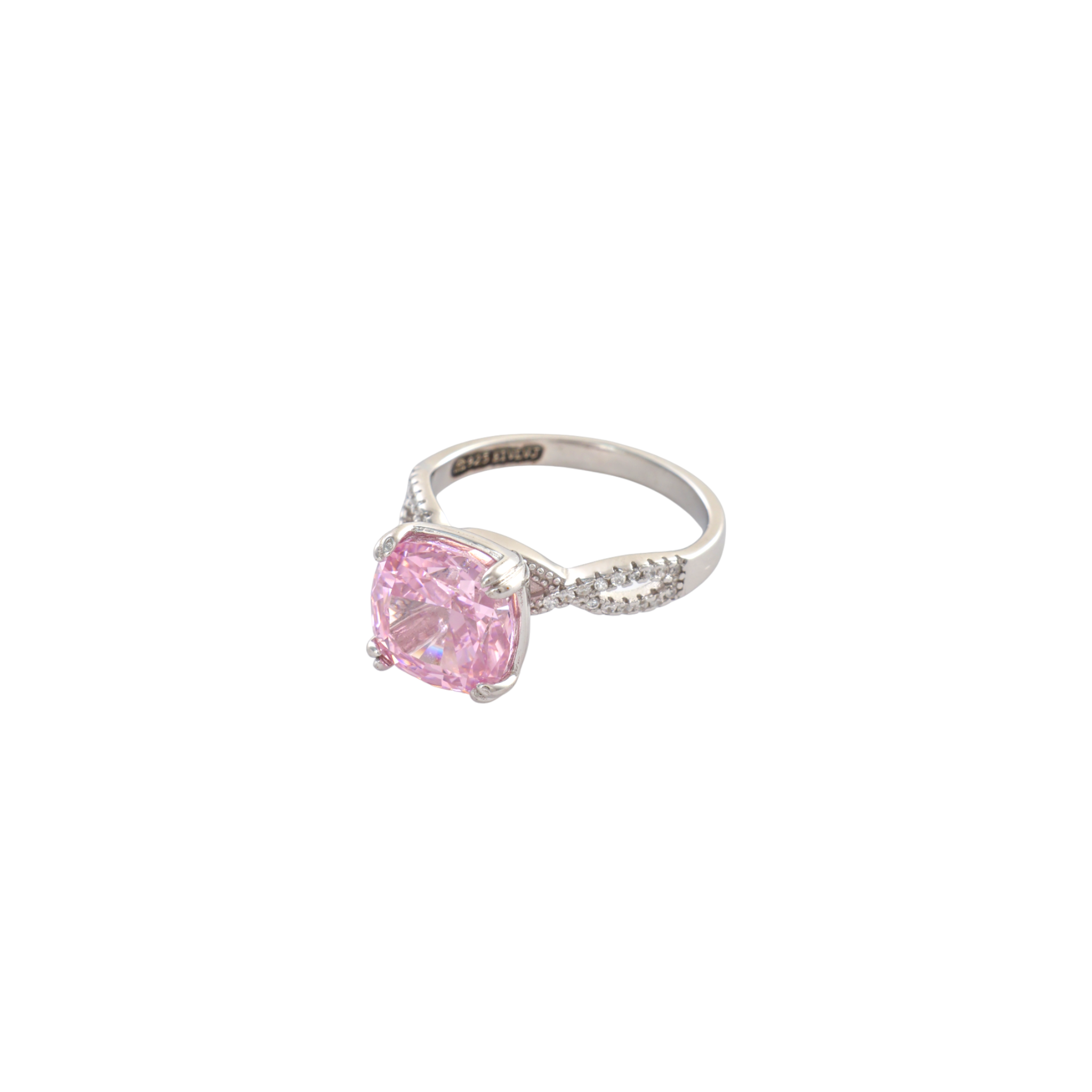 Soft blush pink cushion cut stone mounted on a pave infinity twist silver shank.