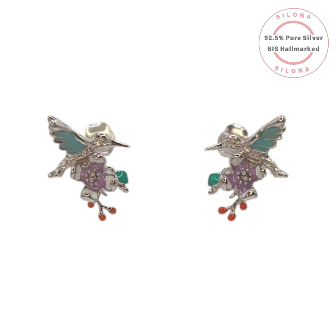 A pair of Silona hummingbird stud earrings in pure 92.5 silver, detailed with pastel lilac, aqua, and coral enamel, on a white background.