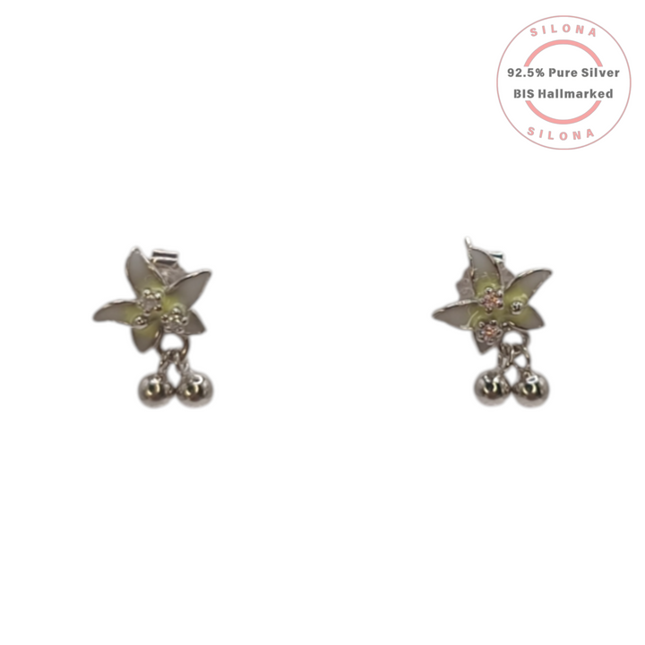 A pair of Silona floral stud earrings crafted from 92.5 silver, featuring lime-green enamel petals, sparkling cubic zirconia, and two dangling silver beads.