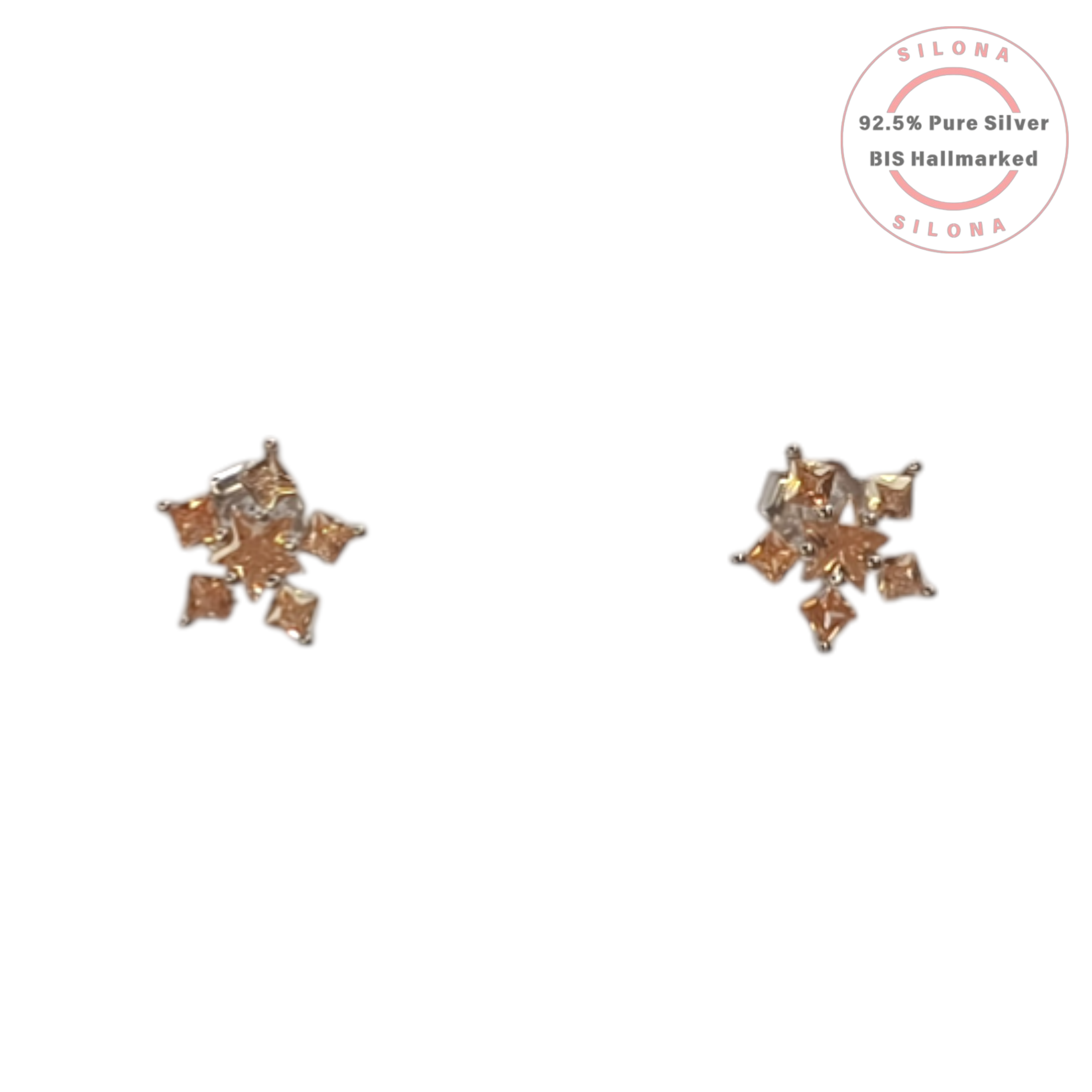 A pair of Silona Champagne Starburst Stud Earrings in 92.5 silver, featuring a cluster of champagne and clear cubic zirconia stones on a white background.