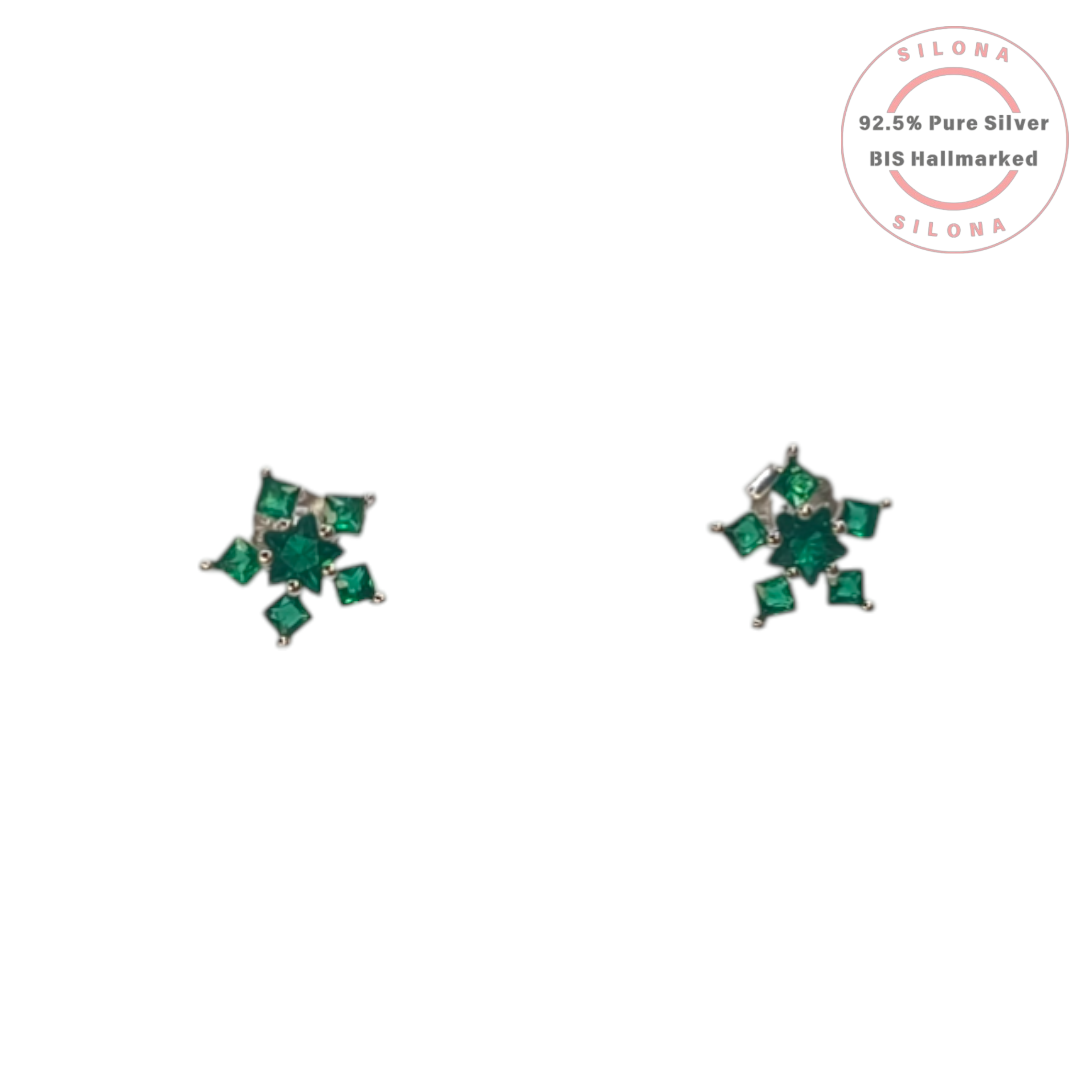 A pair of celestial star stud earrings crafted in 92.5 silver, each featuring a cluster of five square-cut emerald-green stones, on a clean white background.