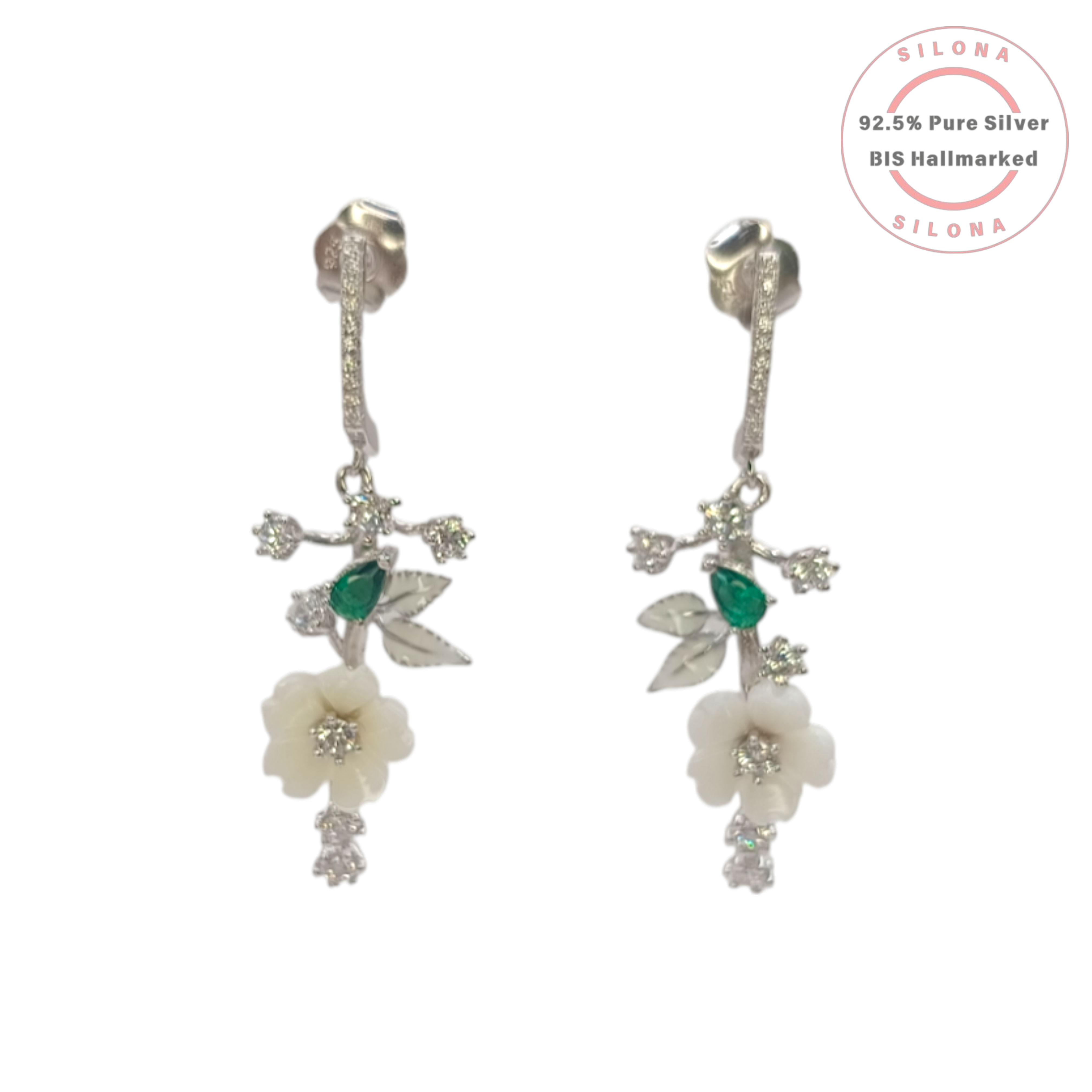 A pair of Silona's Blossom Vine Drop Earrings in 92.5 silver, featuring carved mother-of-pearl flowers, emerald-hue stones, and sparkling cubic zirconia on a white background.