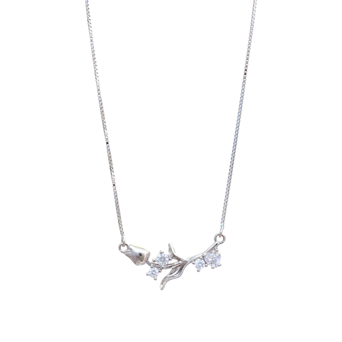 Silver chain necklace featuring a horizontal branch pendant with a sleek silver flower bud and sparkling crystal floral accents.