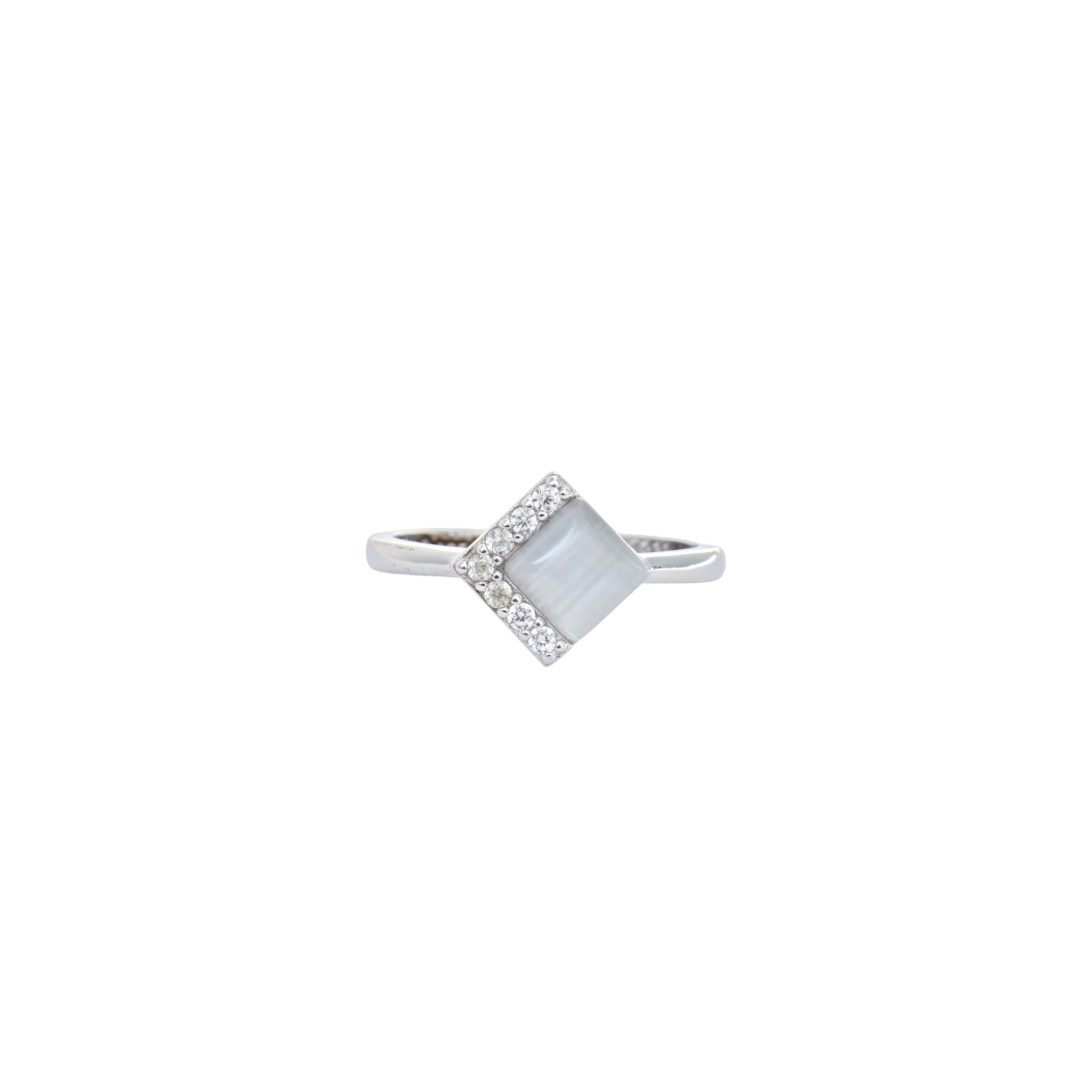 Diamond shaped grey cat's eye stone bordered with clear cz stones on a smooth silver band.