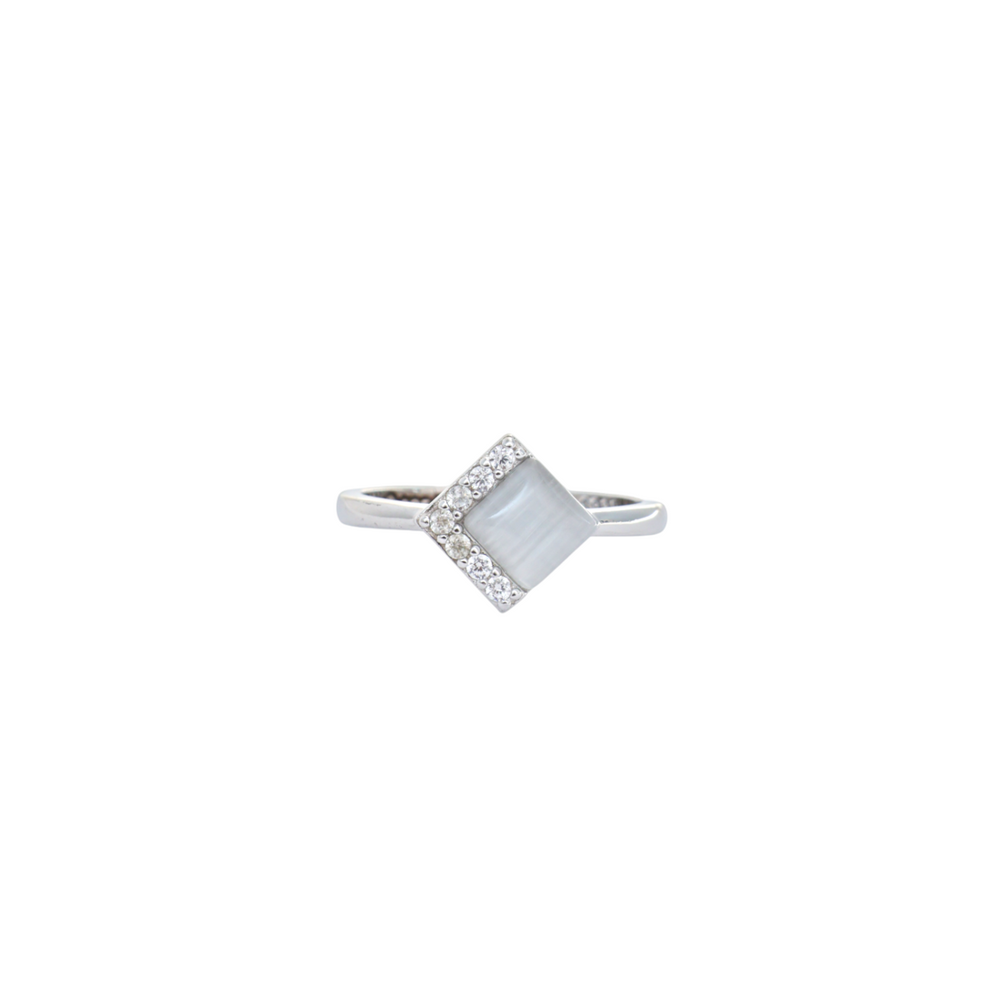 Diamond shaped grey cat's eye stone bordered with clear cz stones on a smooth silver band.