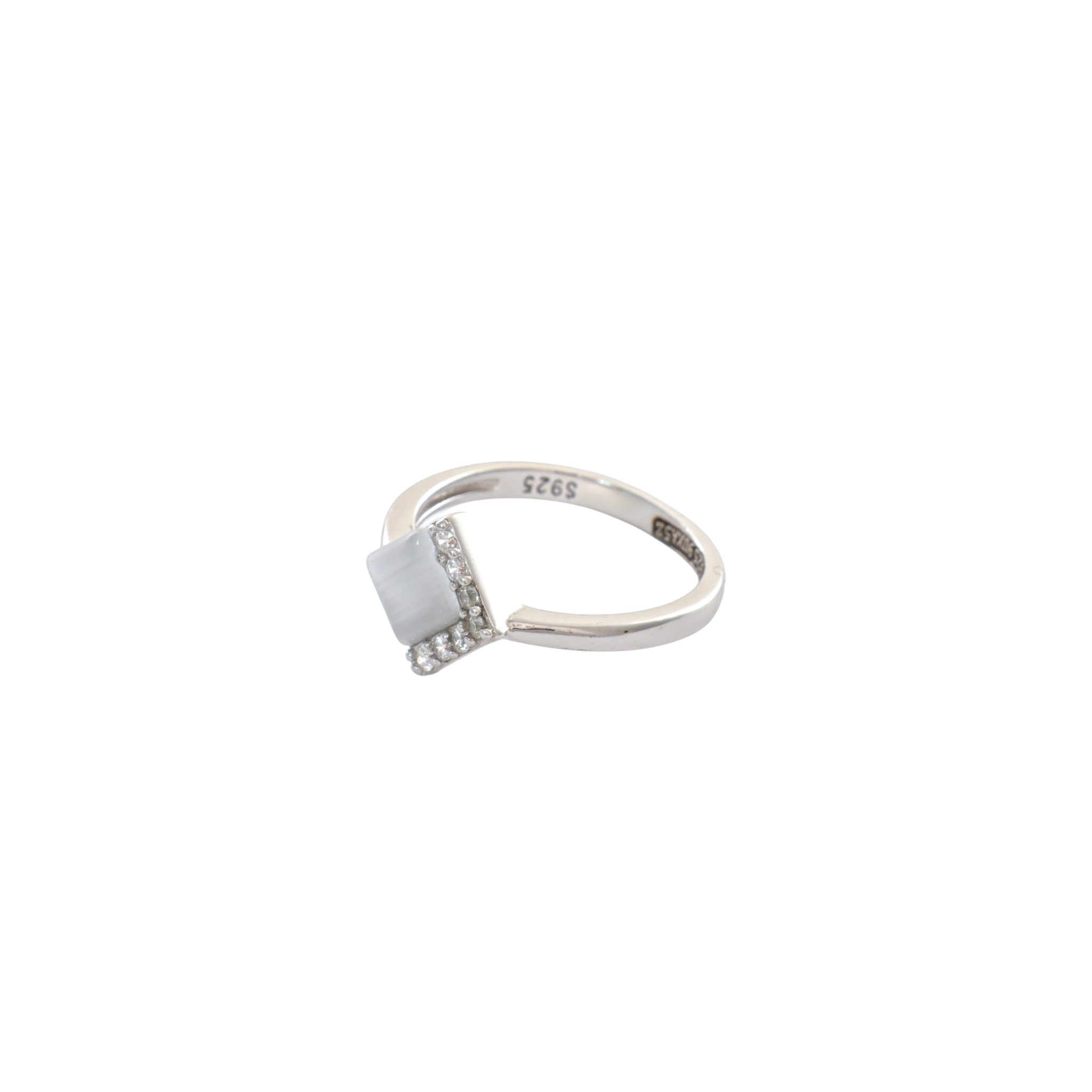 Diamond shaped grey cat's eye stone bordered with clear cz stones on a smooth silver band.