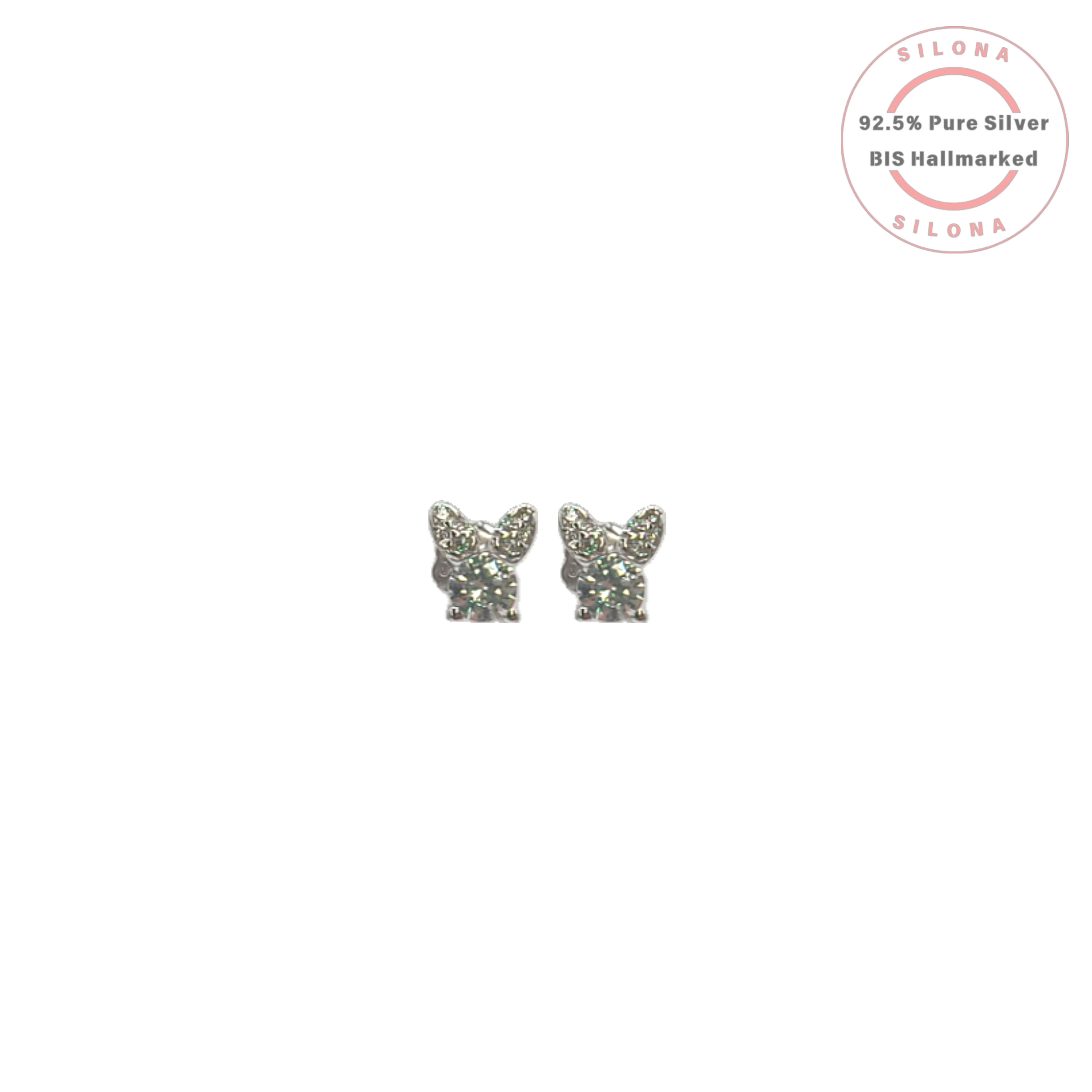 A pair of silver stud earrings in the shape of a French Bulldog's head, fully encrusted with sparkling cubic zirconia, on a white background with a Silona hallmark.