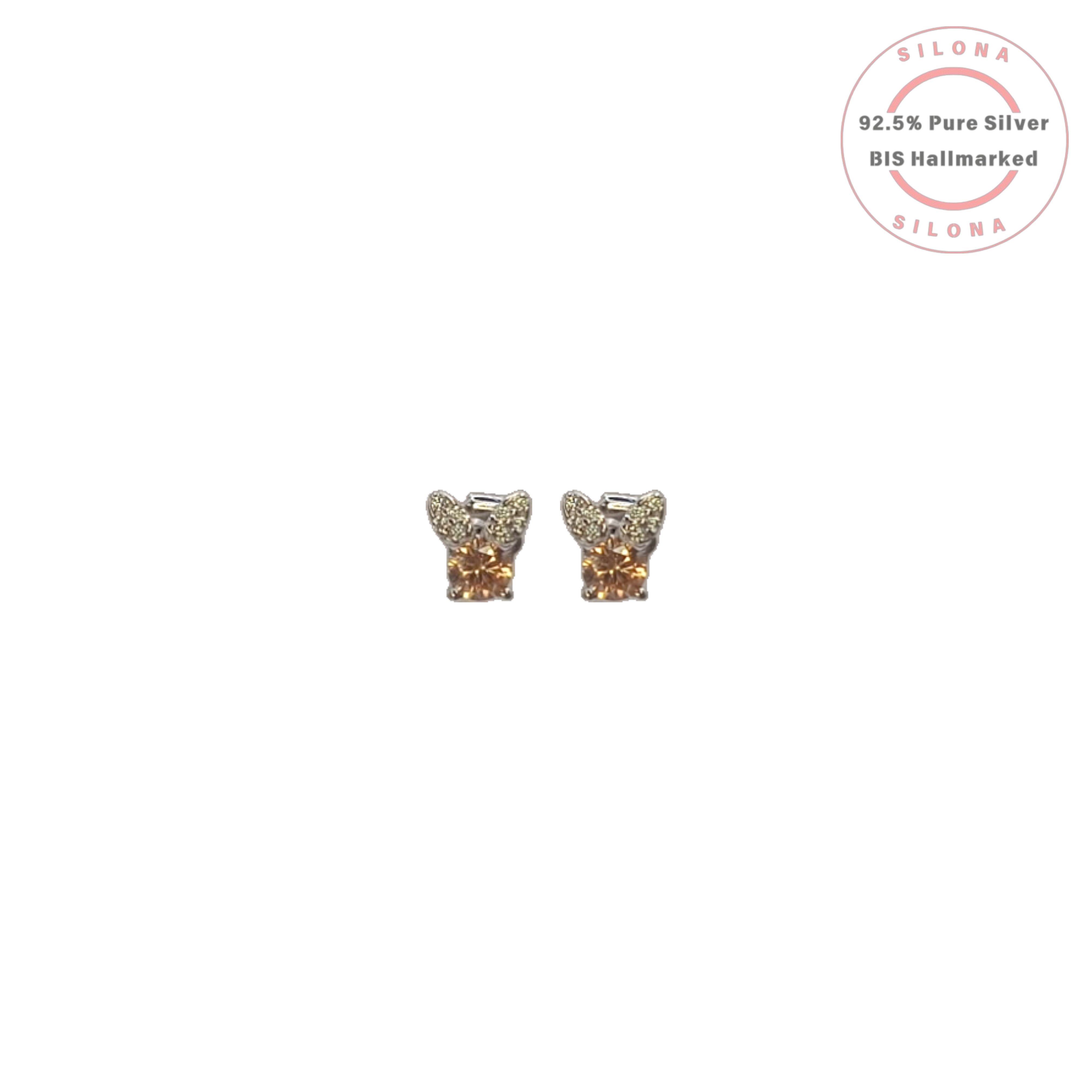 A pair of Silona silver butterfly stud earrings featuring a central round champagne cubic zirconia stone, with pavé crystal wings, on a white background.