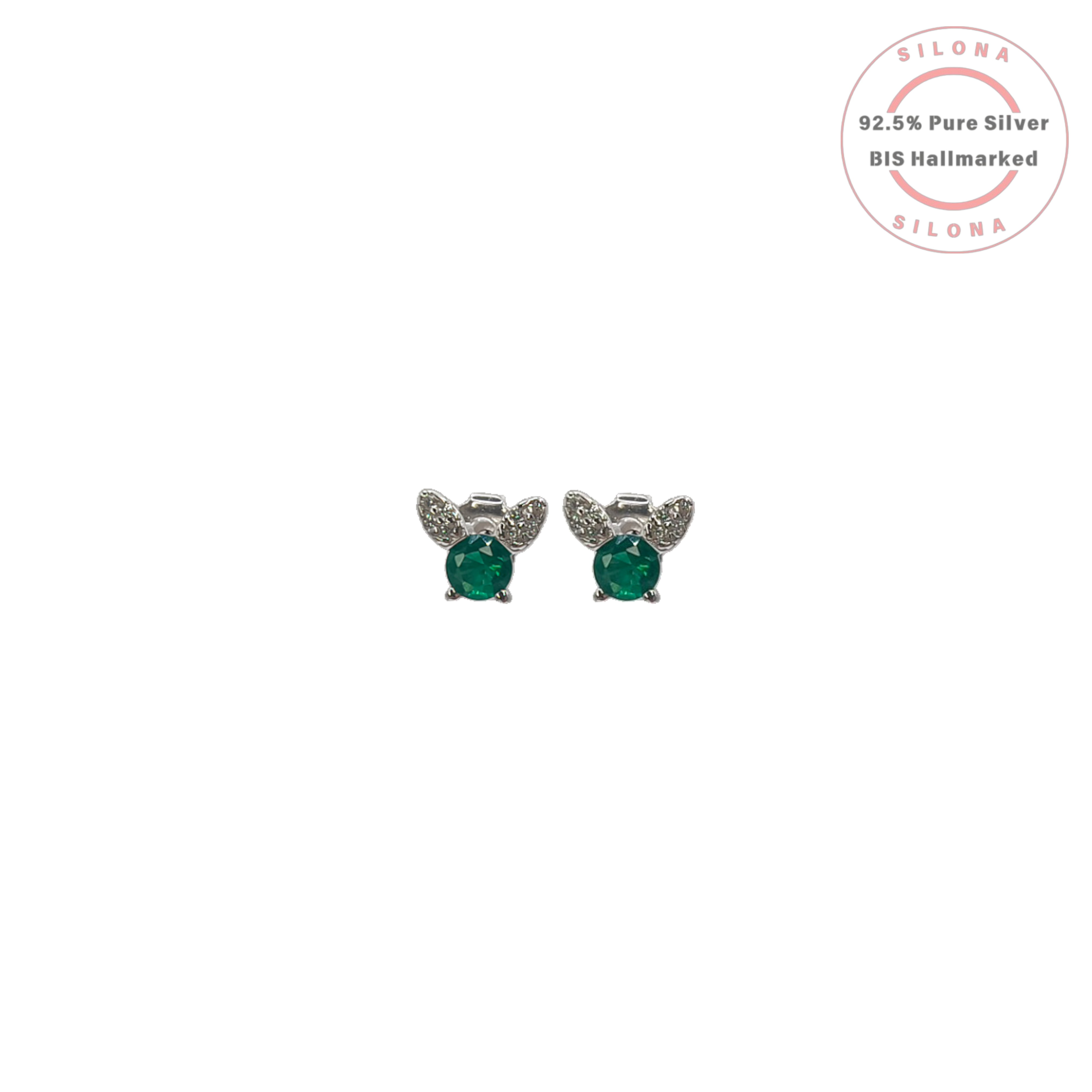 A pair of Silona bee stud earrings in 92.5 silver, featuring a central round emerald-green stone and sparkling pavé wings, on a white background.