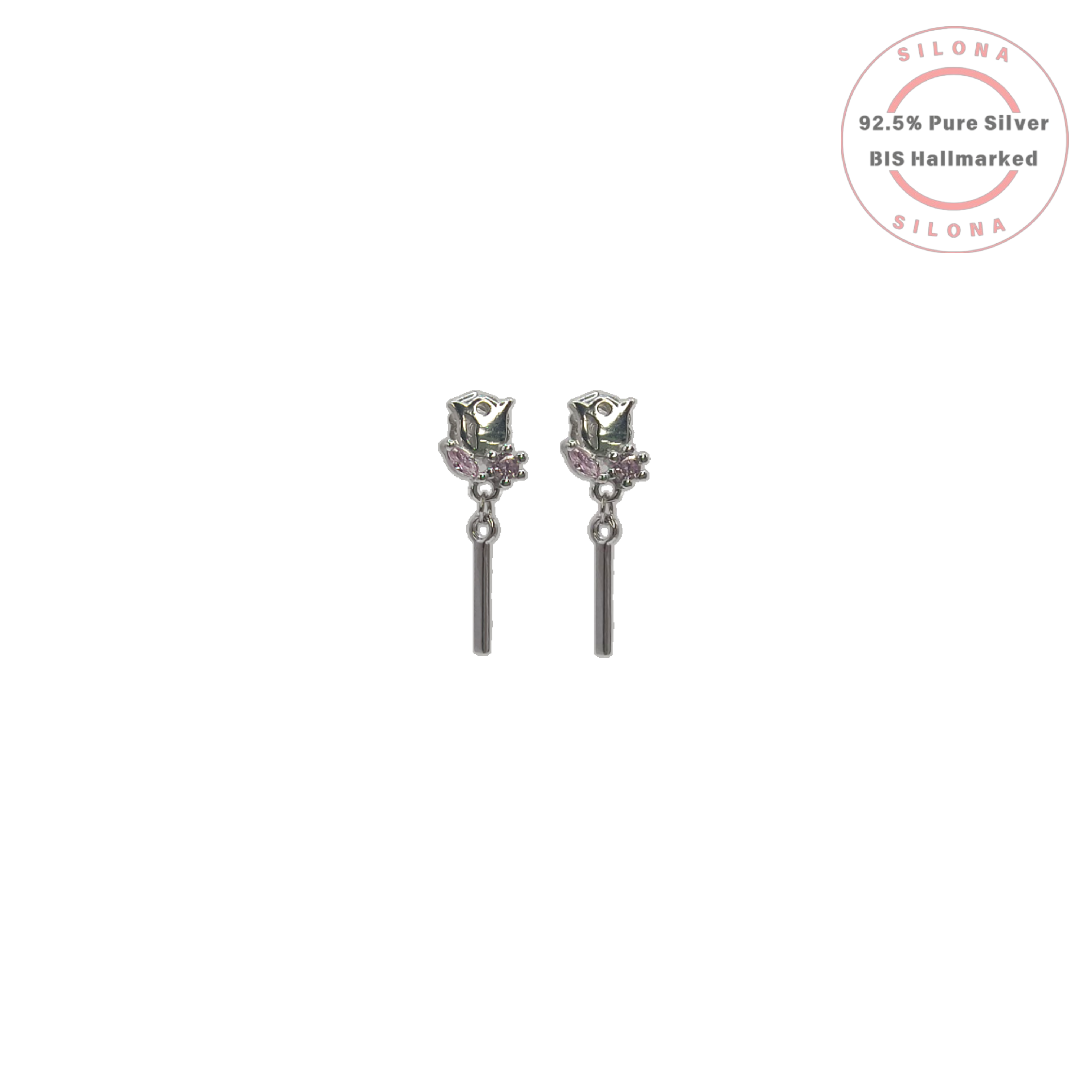 Pair of modern Rosebud Drop Earrings in 92.5 silver, with pink and mint cubic zirconia stones and a sleek bar drop, on a white background.