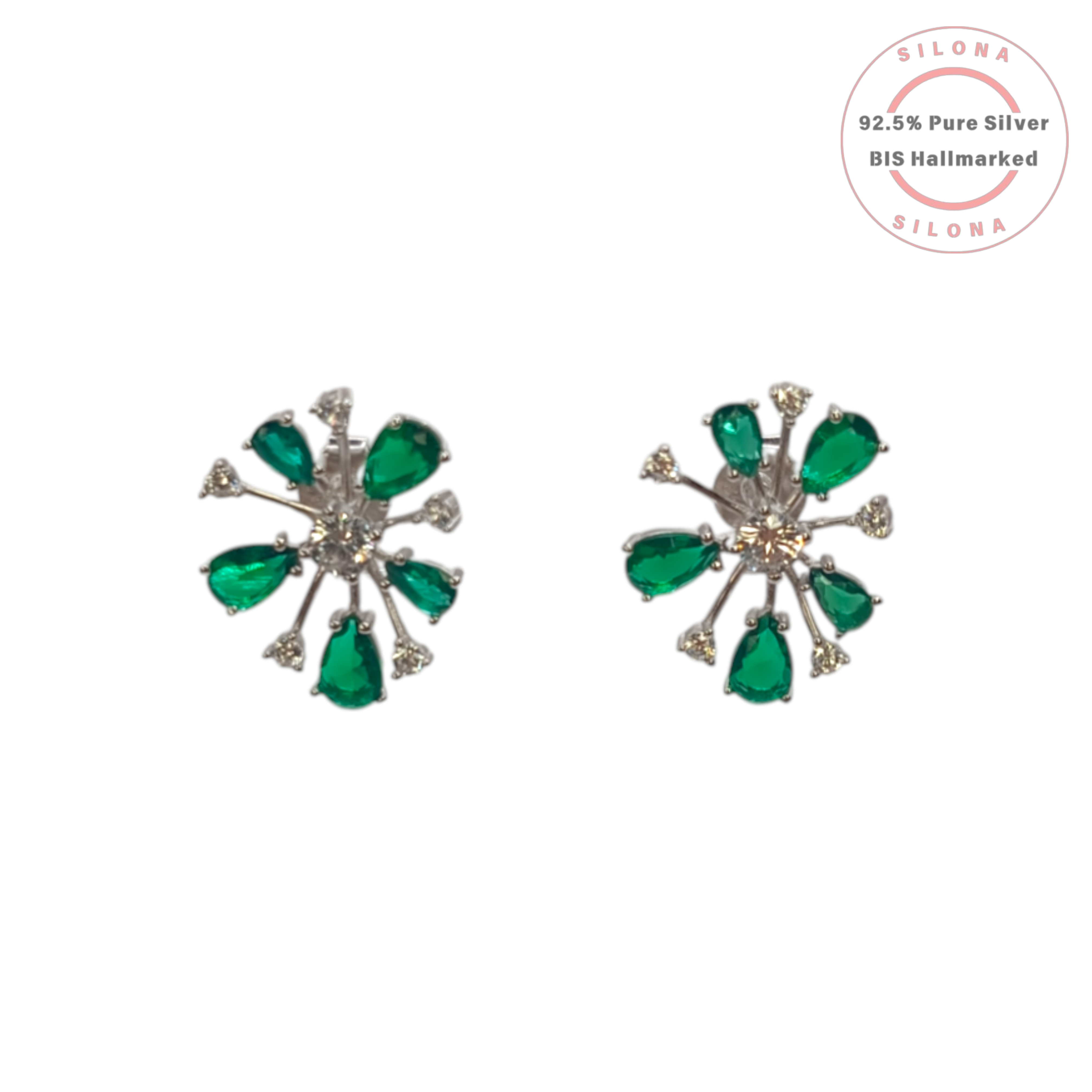 A pair of Silona's Starburst Emerald Green Stud Earrings in 92.5 silver, featuring pear-shaped green stones and white cubic zirconia on a white background.