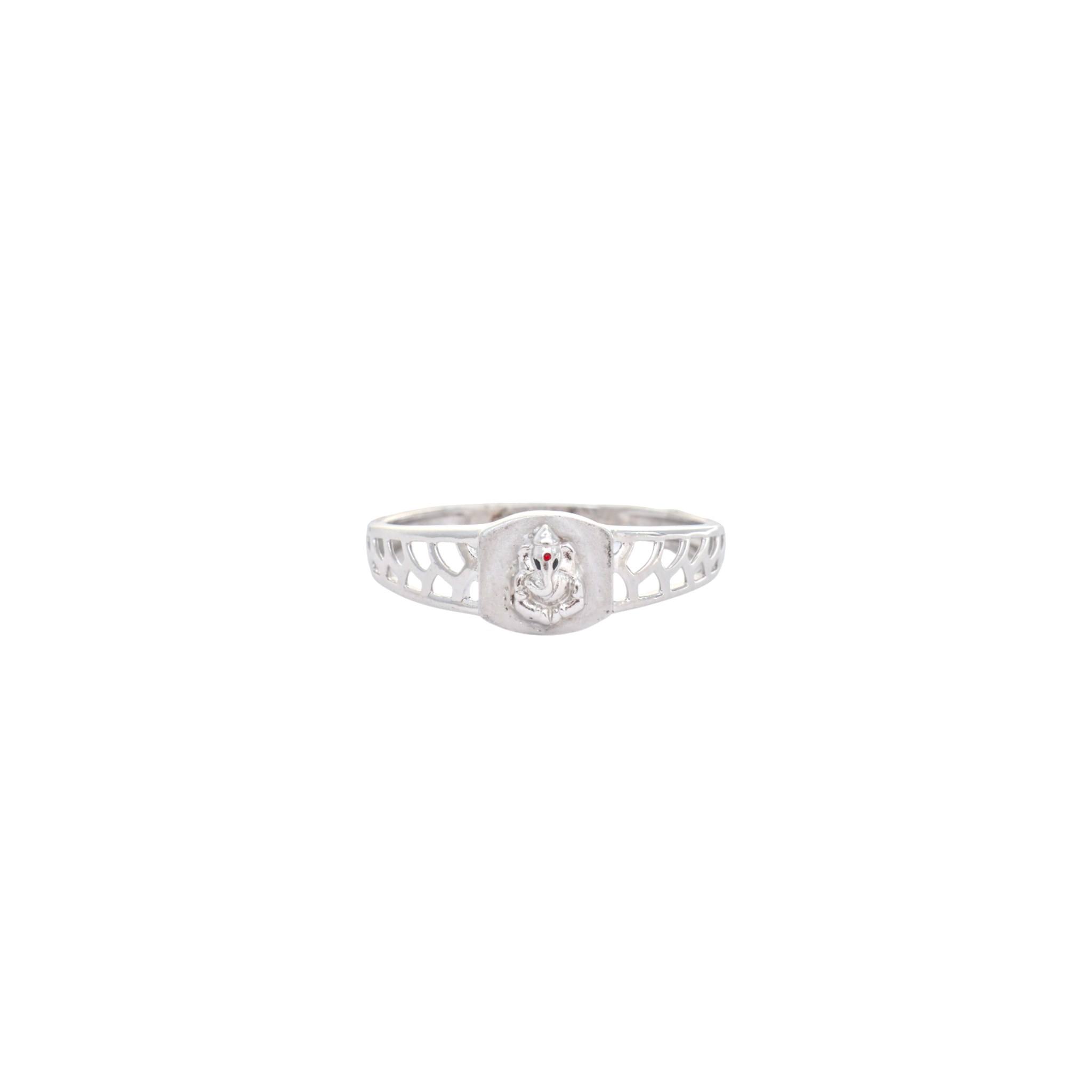 Silver band with filigree cutouts featuring an embossed Lord Ganesha face with red accent detail.