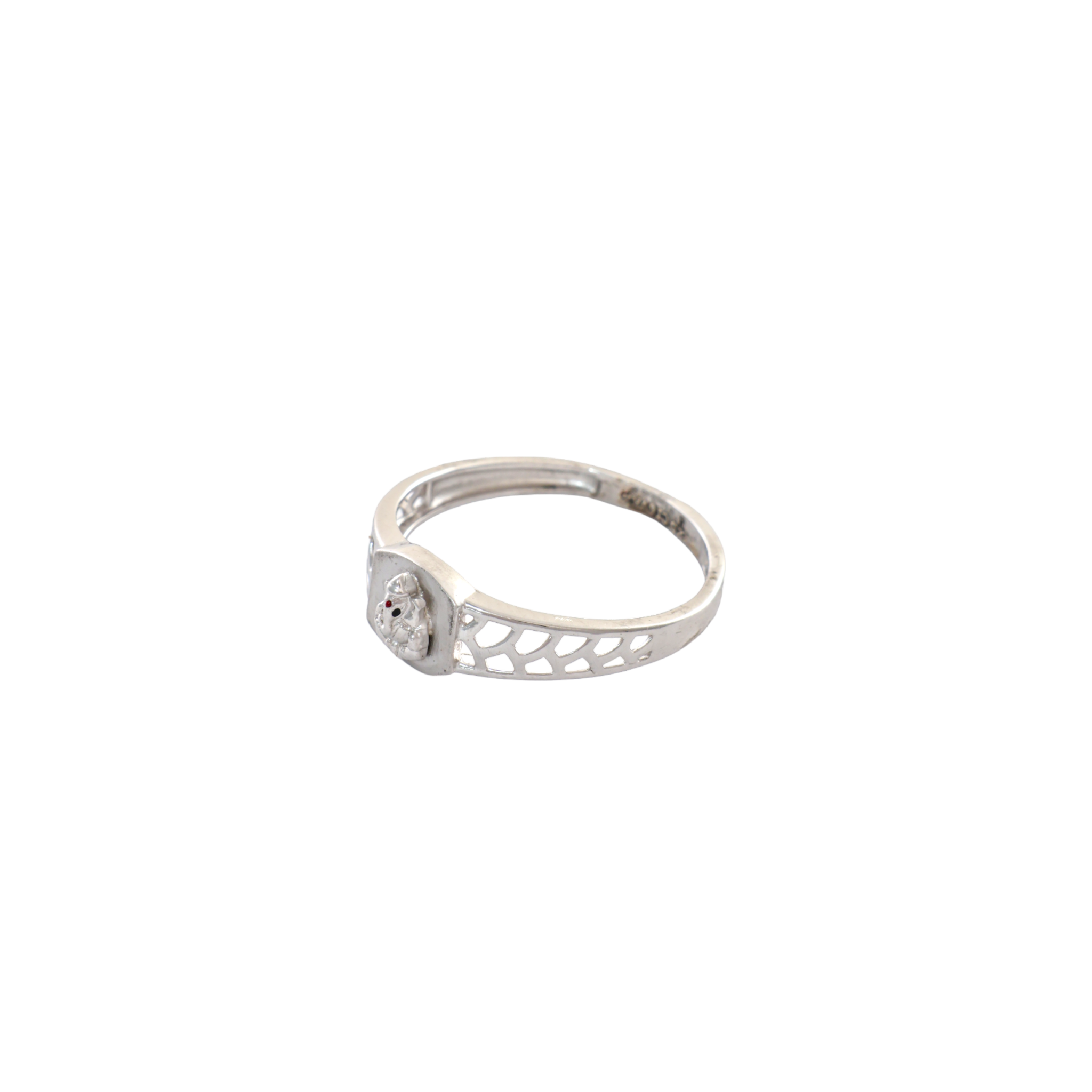 Silver band with filigree cutouts featuring an embossed Lord Ganesha face with red accent detail.
