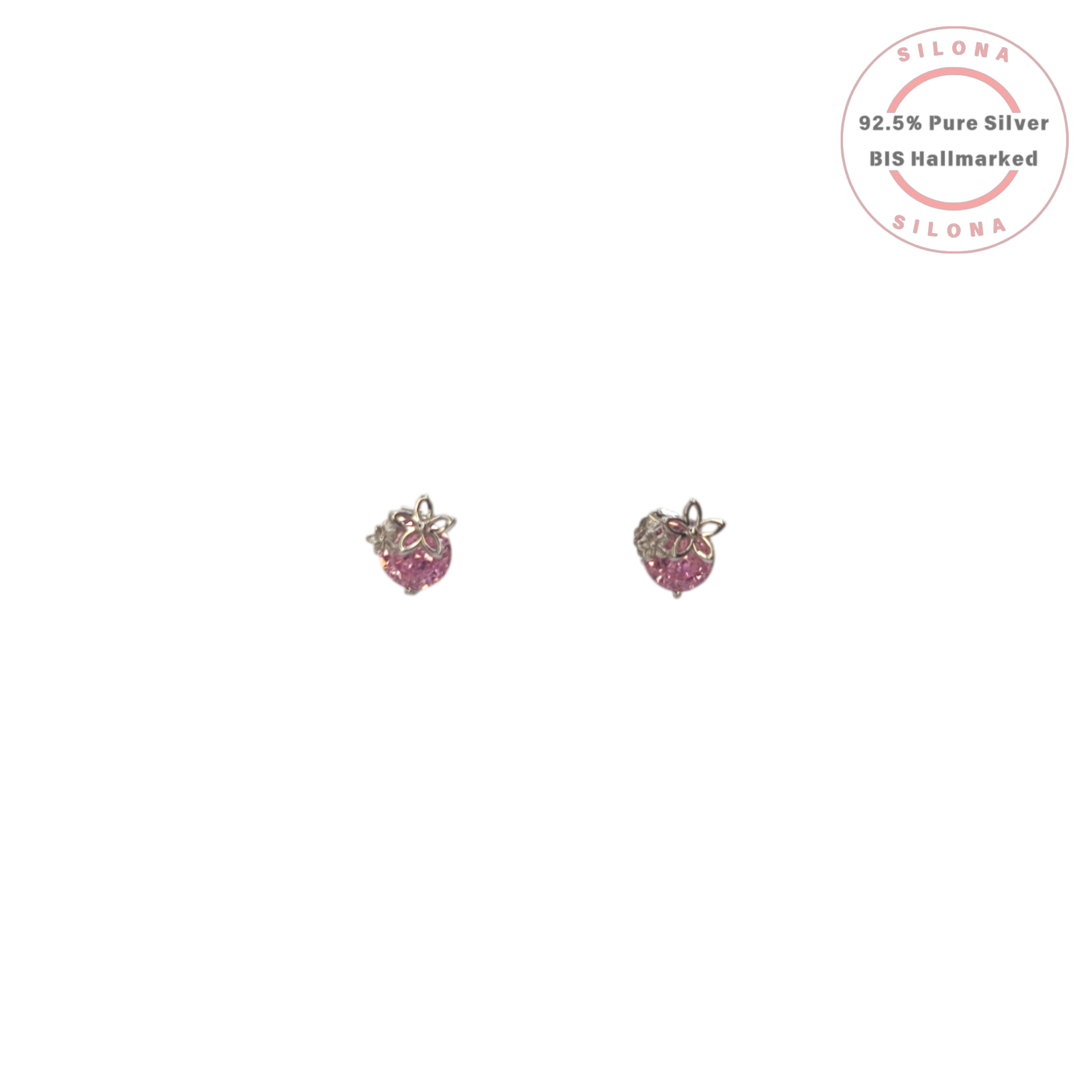 Pair of Silona silver stud earrings featuring pink heart-shaped stones topped with a delicate silver butterfly motif, on a white background.