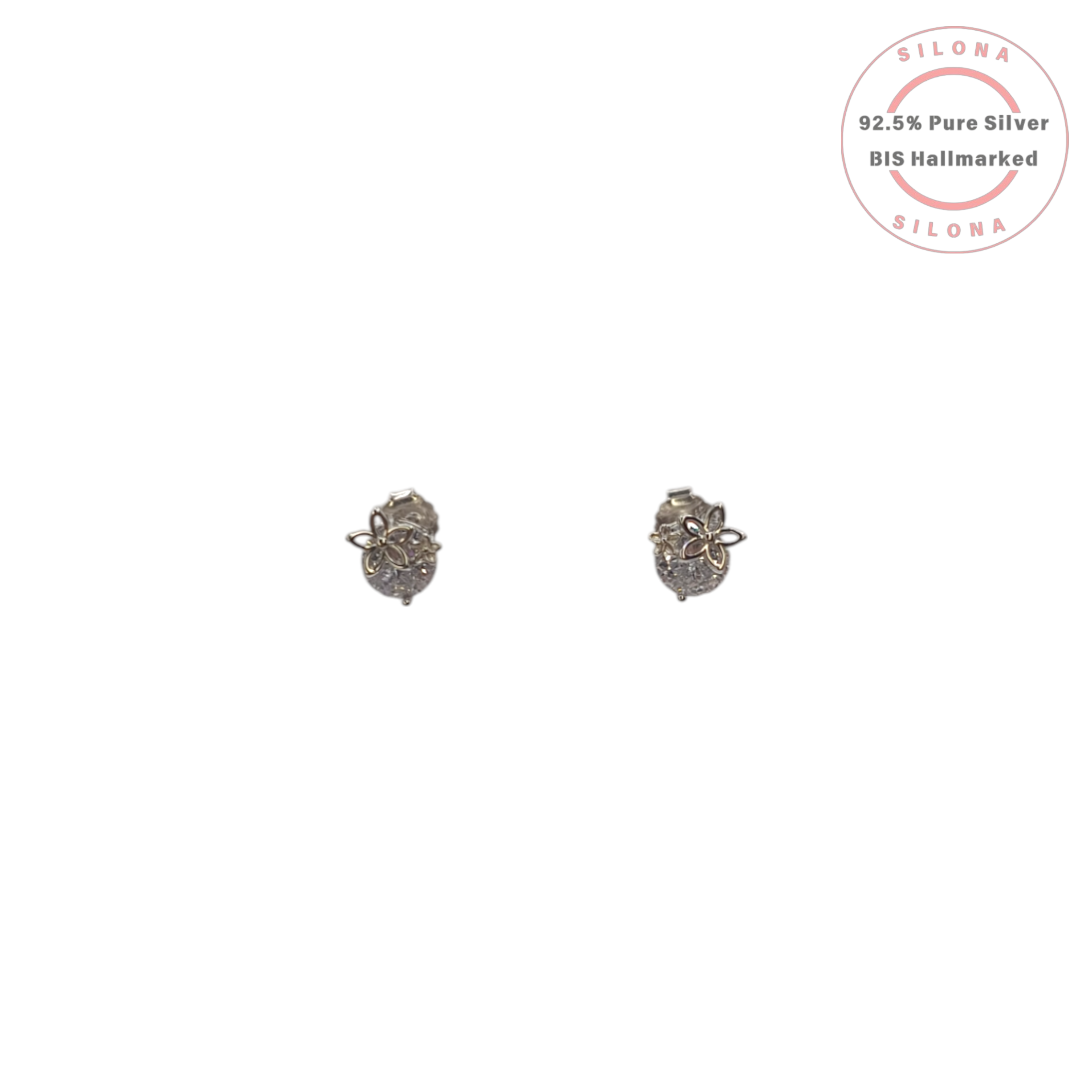 A pair of dainty floral cluster stud earrings in 92.5 silver, featuring a small flower motif over sparkling cubic zirconia stones, on a white background.