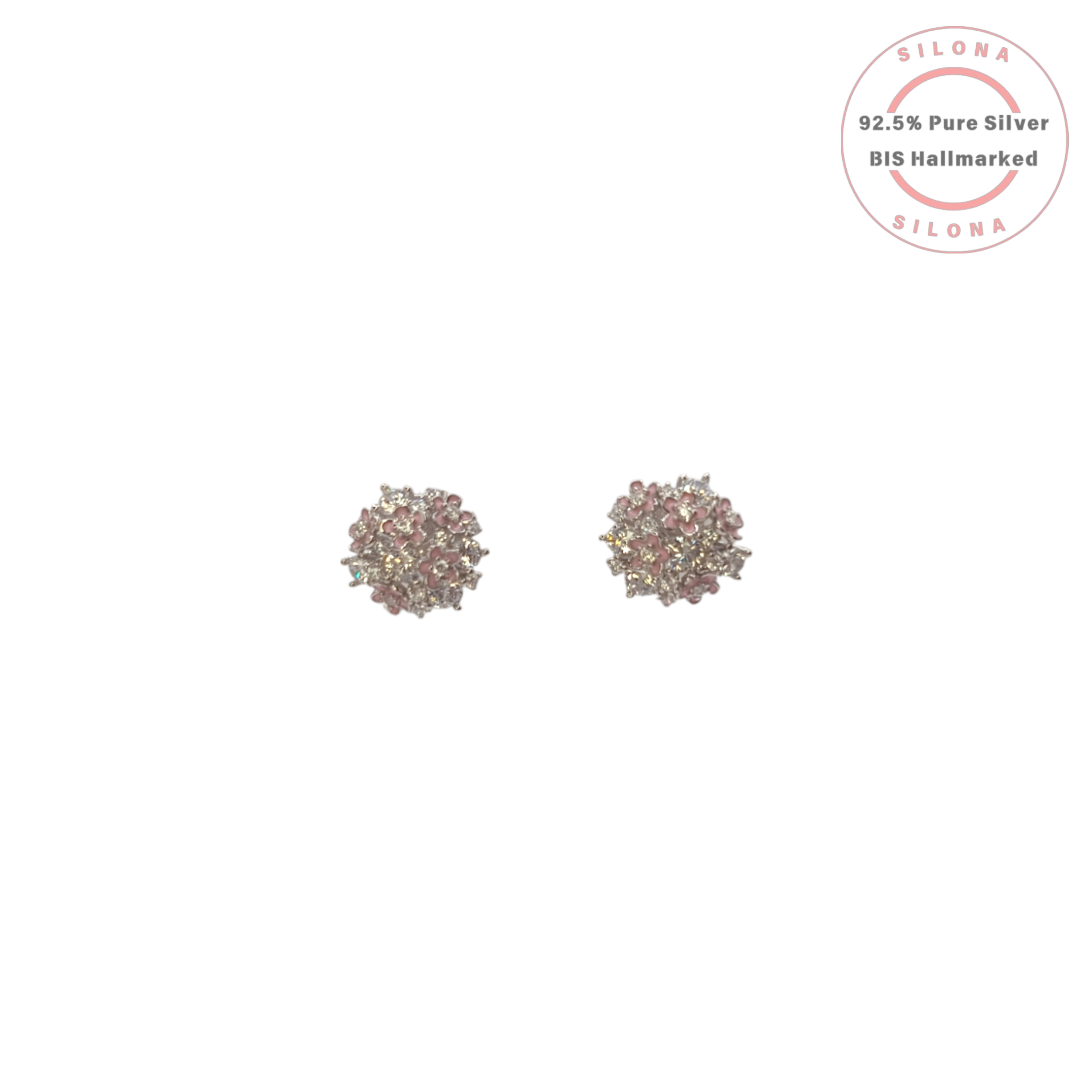 A pair of Enamel Blossom Cluster Stud Earrings in 92.5 silver, featuring pink enamel flowers and sparkling cubic zirconia on a white background.