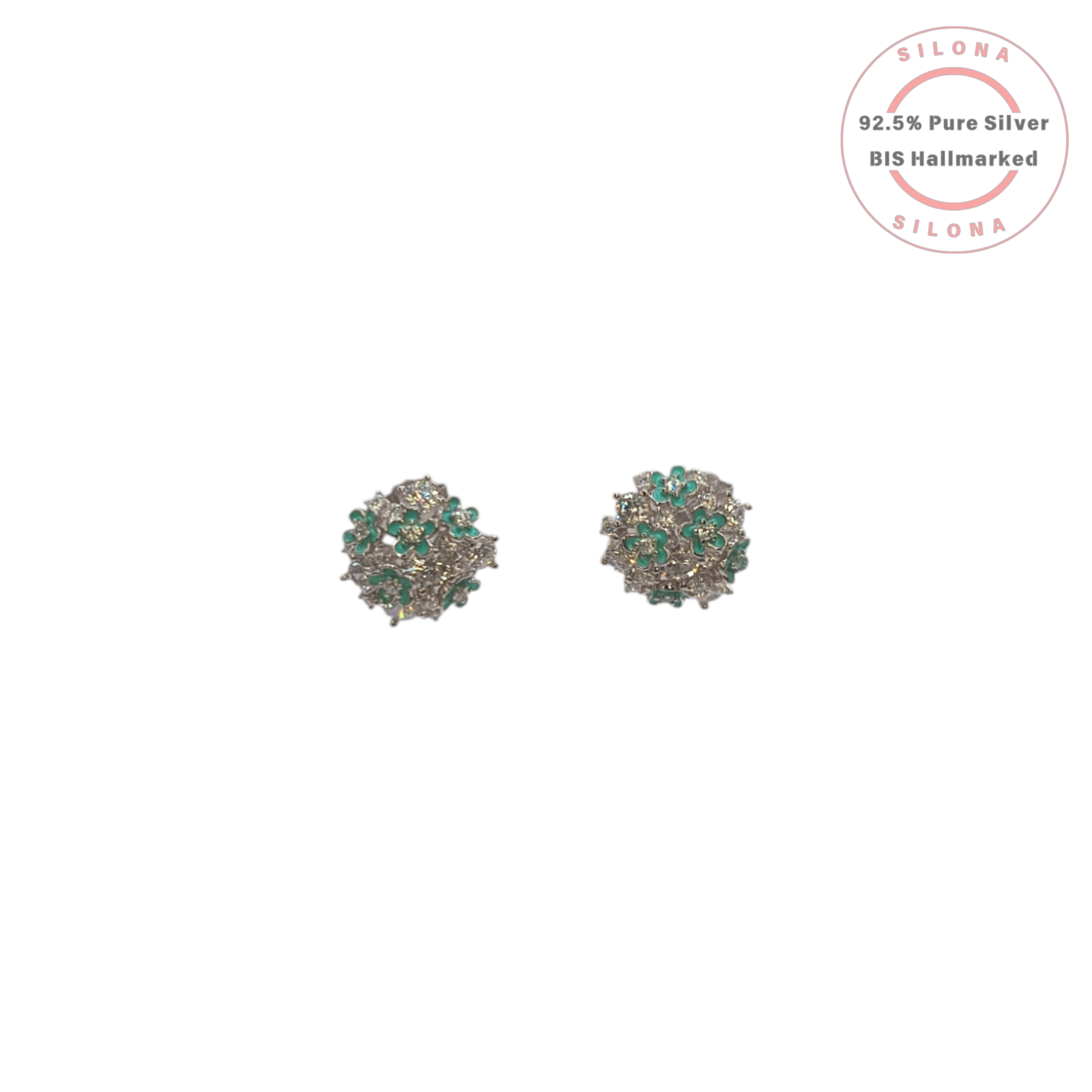 A pair of Silona floral cluster stud earrings in 92.5 silver, featuring turquoise-hued enamel flowers and sparkling cubic zirconia stones on a white background.