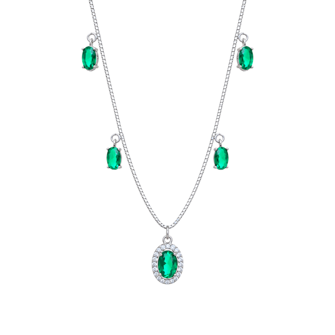 Silver chain station necklace with four oval emerald-green crystal drops and a main oval green gem pendant with a cz halo frame.