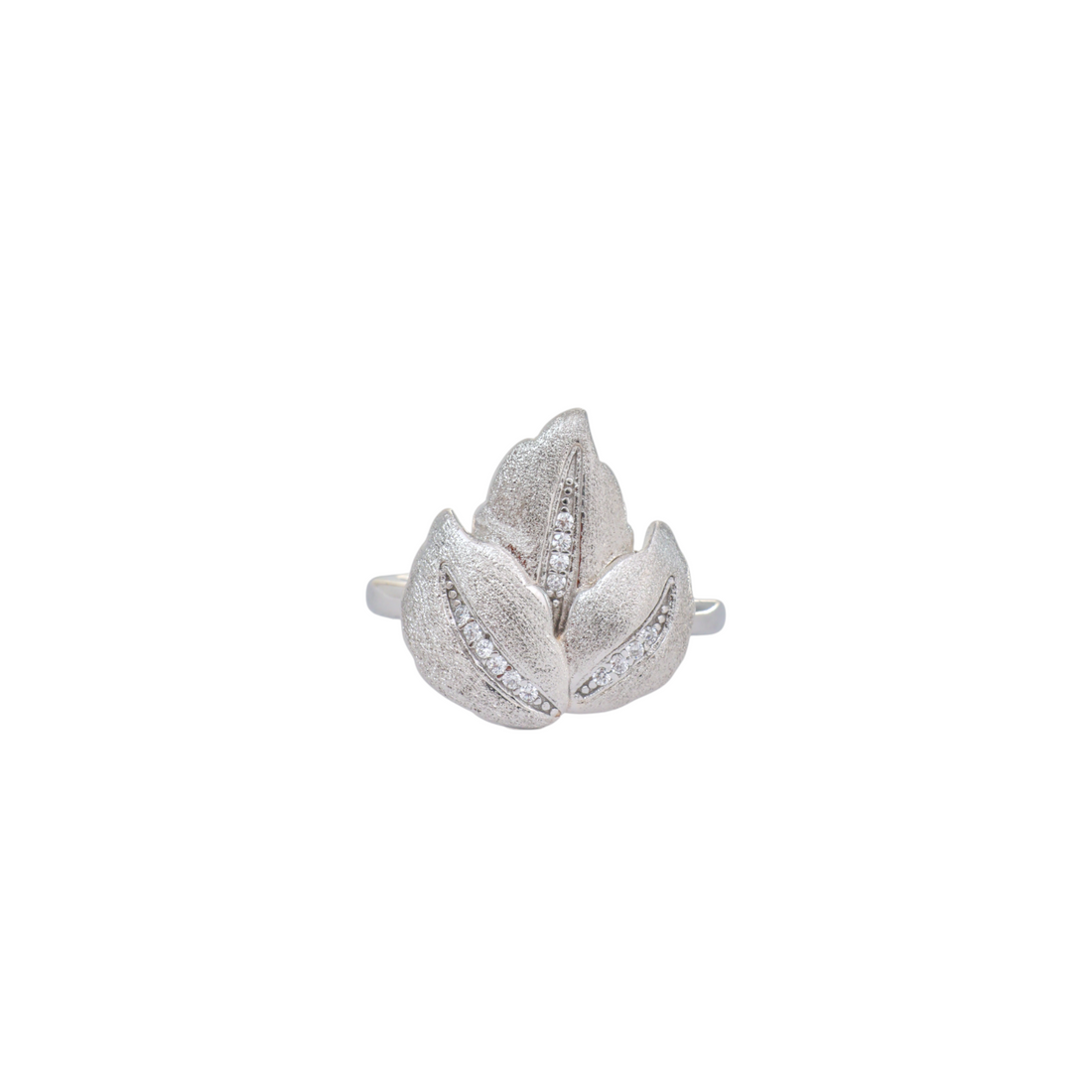Three satin textured silver leaves with pave cz veins arranged on a polished silver ring.