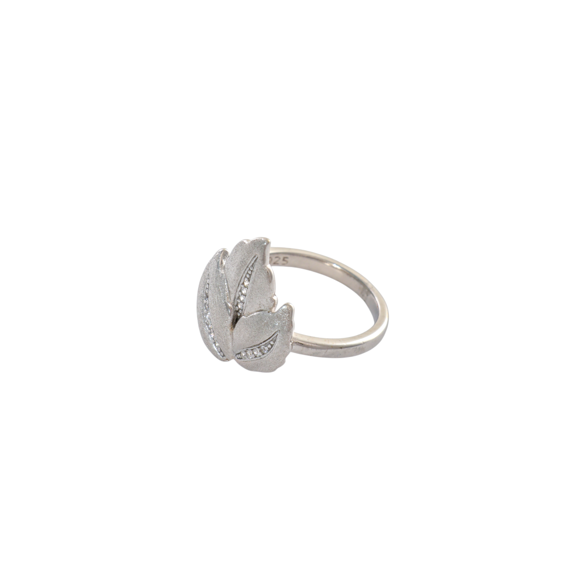 Three satin textured silver leaves with pave cz veins arranged on a polished silver ring.