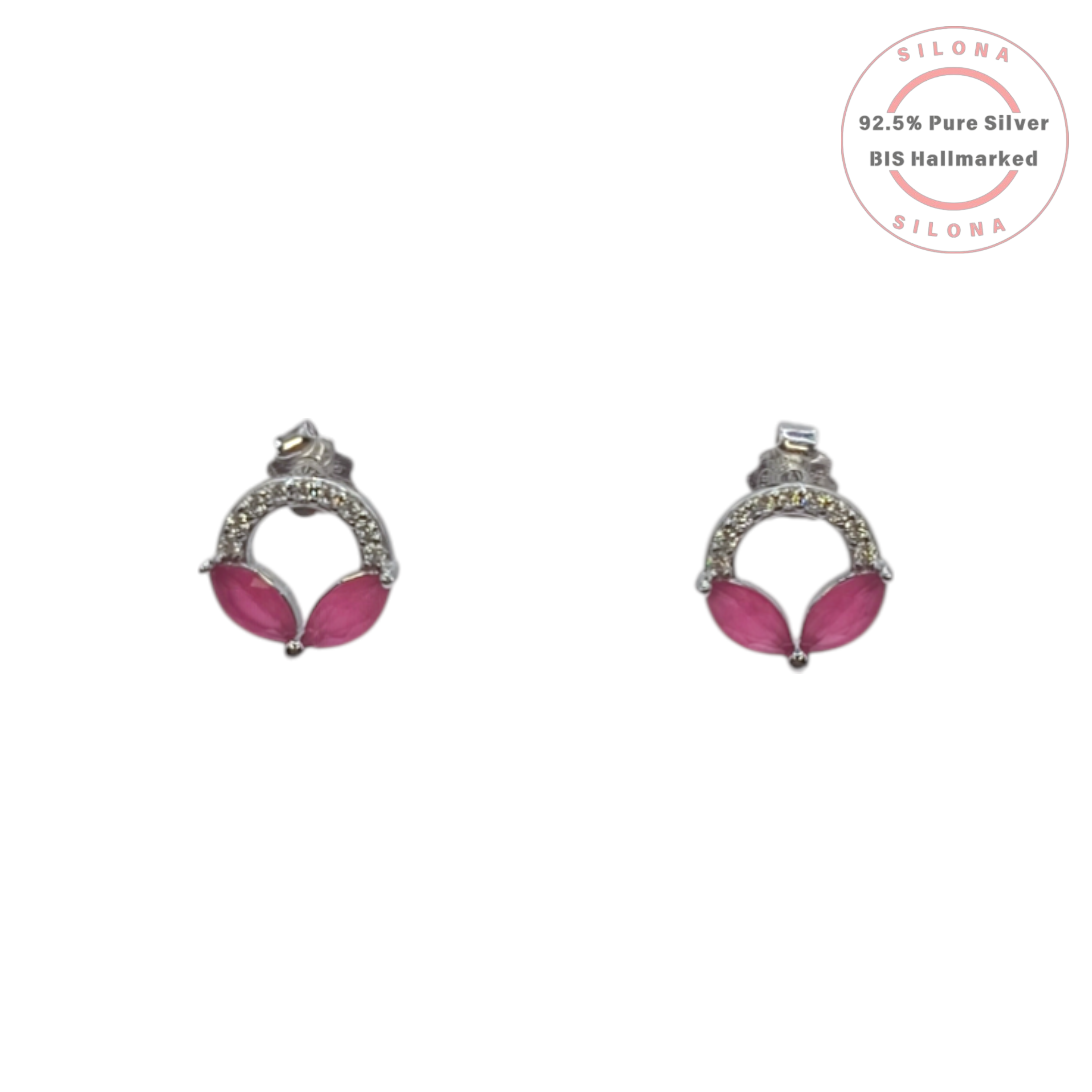 Pair of Silona silver stud earrings featuring a pavé cubic zirconia arch over two marquise-cut, ruby-pink stones in a petal design, on a white background.