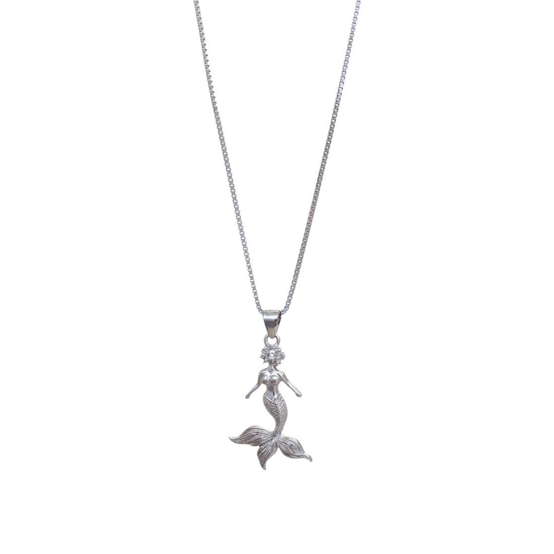 Silver box chain necklace featuring a detailed full-body silver mermaid pendant with a textured tail and outstretched arms.