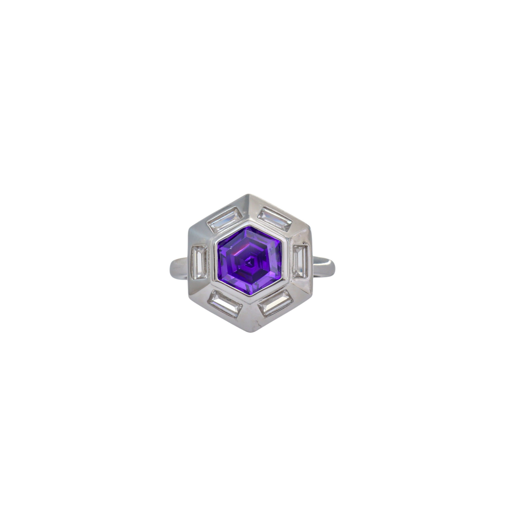 Hexagonal silver ring with a deep purple center gemstone and channel set baguette border.