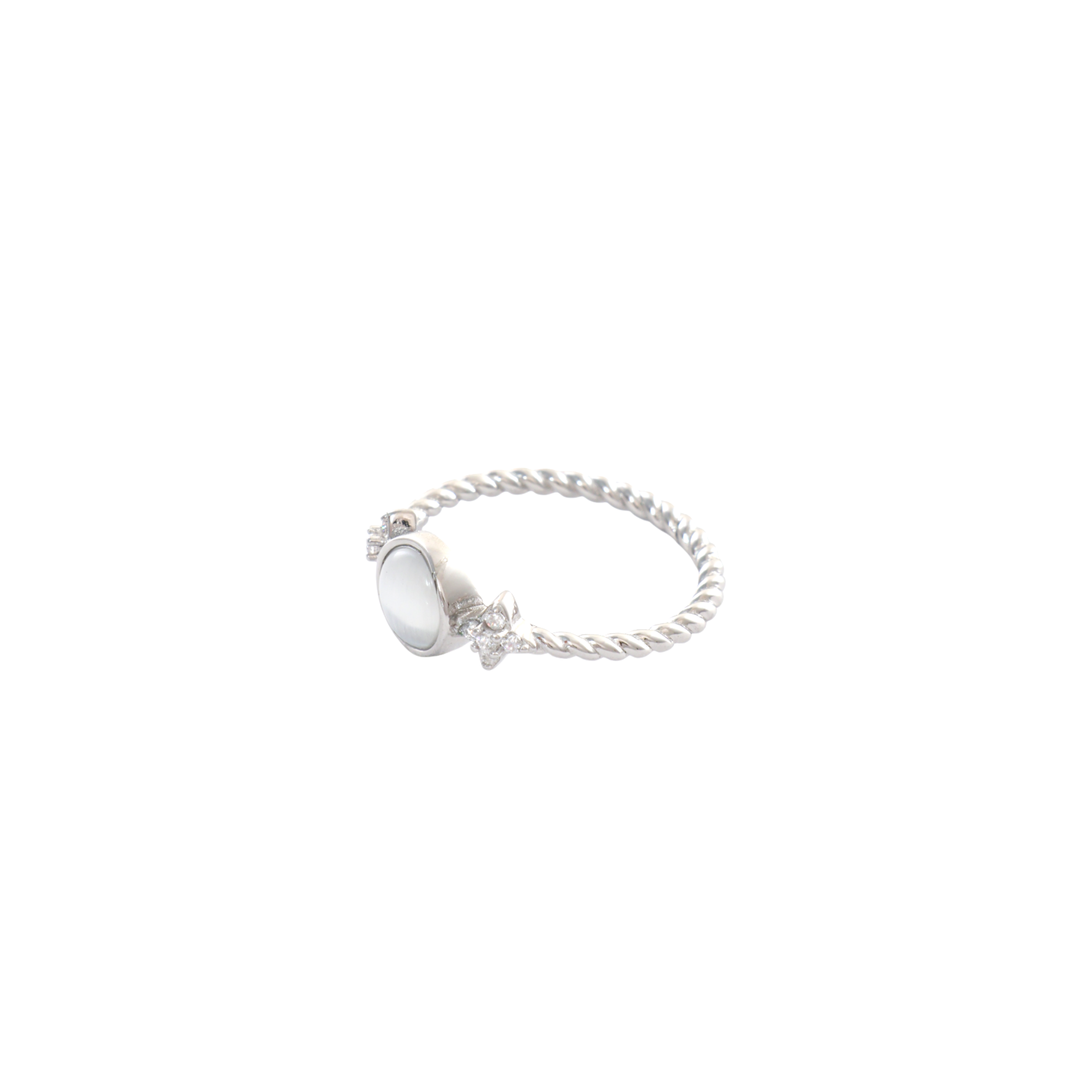 Round milky white stone cabochon set on a twisted silver band with star side accents.