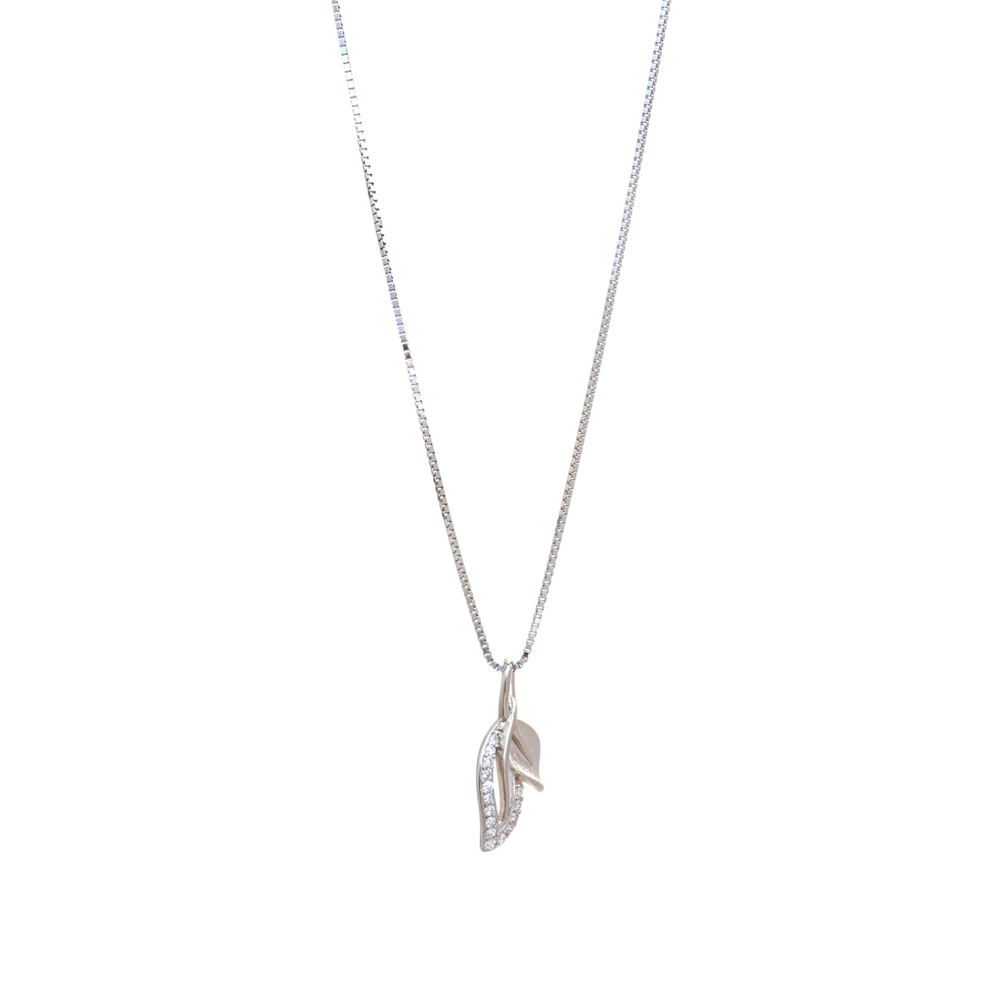 Silver box chain necklace holding a small double-leaf pendant with one leaf lined with tiny clear cubic zirconia stones.