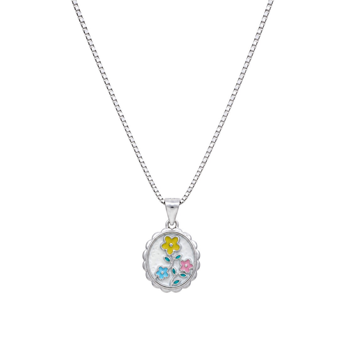 Silver box chain necklace with a scalloped oval pendant featuring yellow, blue, and pink enamel flowers on a white mother-of-pearl base.