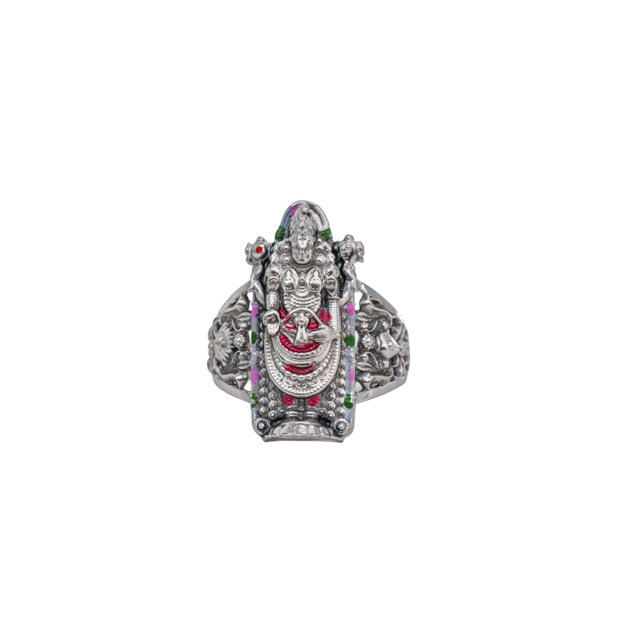 Intricately detailed silver ring portraying Goddess Lakshmi with enamel color highlights.