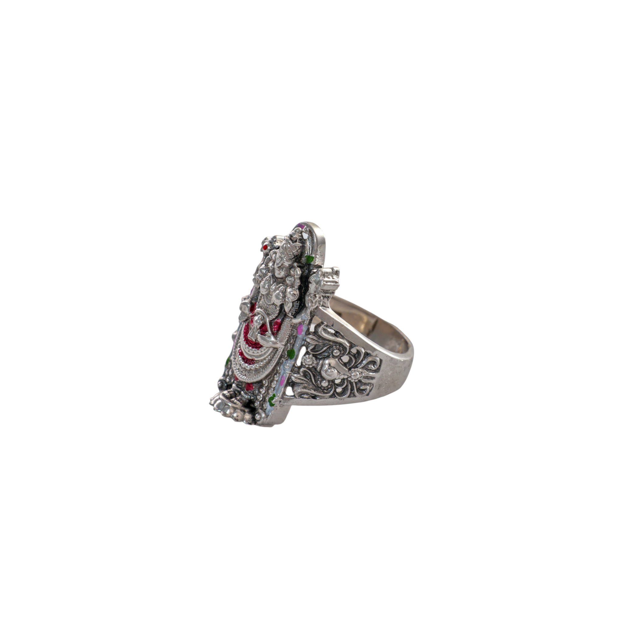 Intricately detailed silver ring portraying Goddess Lakshmi with enamel color highlights.